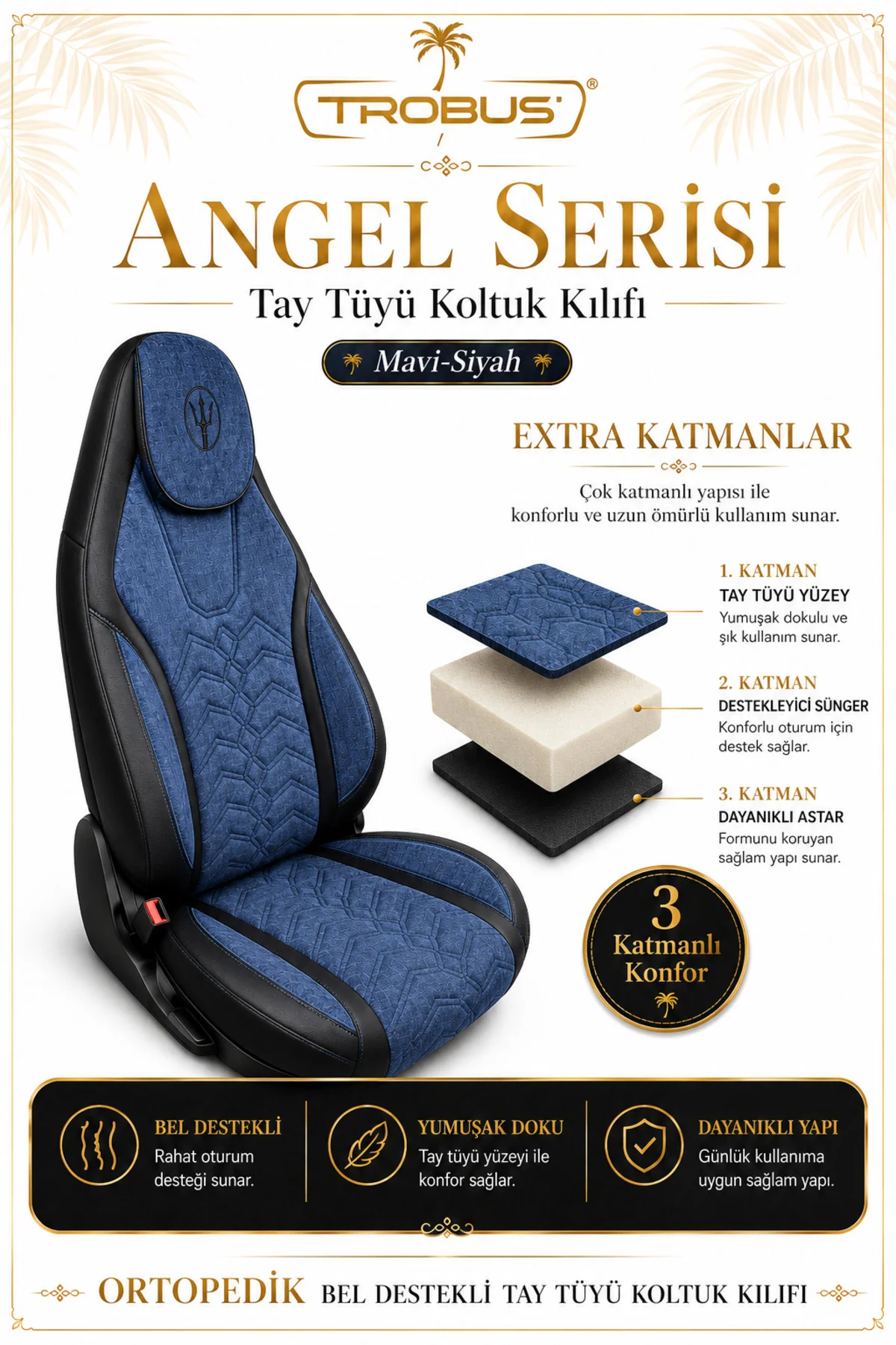 Suzuki Swift 2005 ve Sonrası Uyumlu Angel Serisi Tay Tüyü Koltuk Kılıfı Mavi Siyah