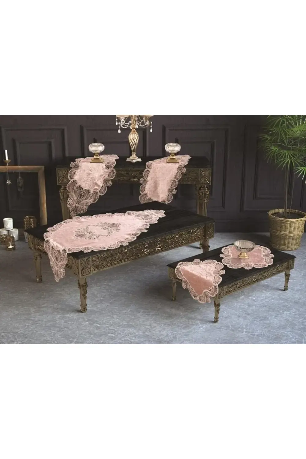 svngsphereshop diyarı Fransız Güpürlü Yasemin Kadife Salon Takımı