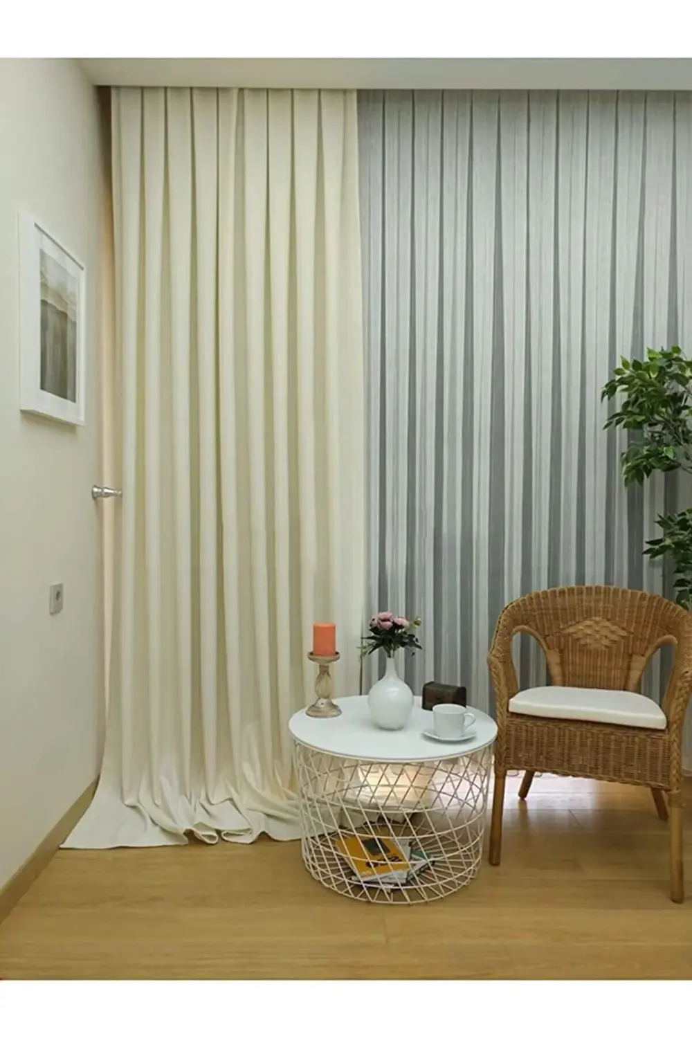 svngsphereshop Home Ekru Düz Renk Pileli Keten Fon Perde, 1/2 Sey