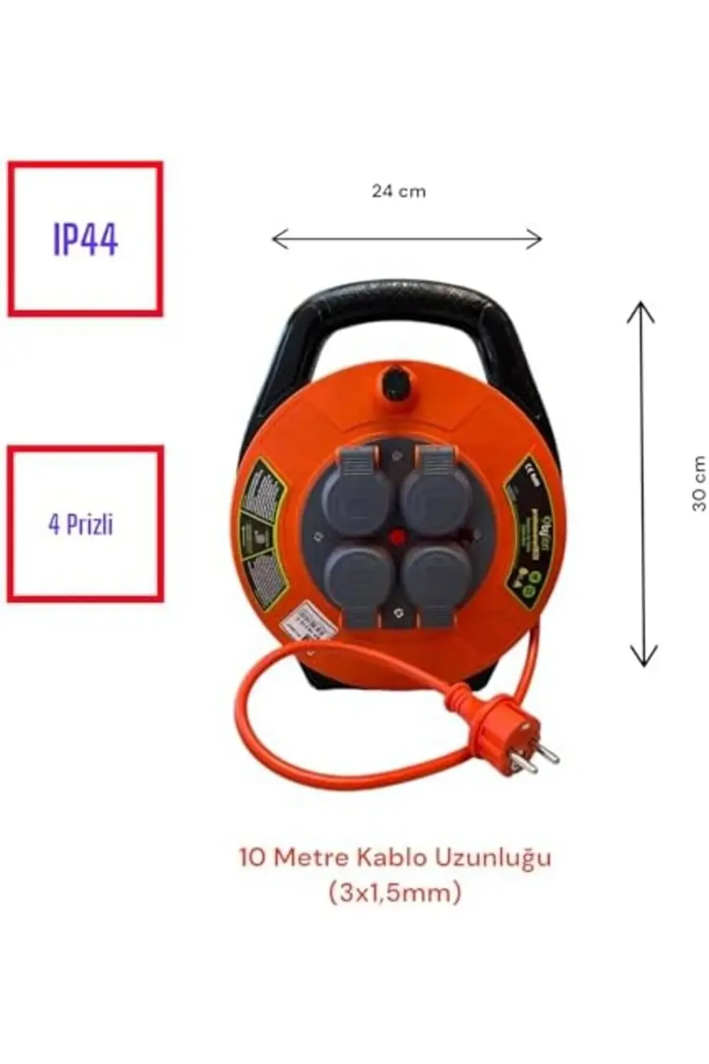 svngsphereshop Kablo Makarası – 10 Metre, 4 Prizli, IP44 Kapaklı,