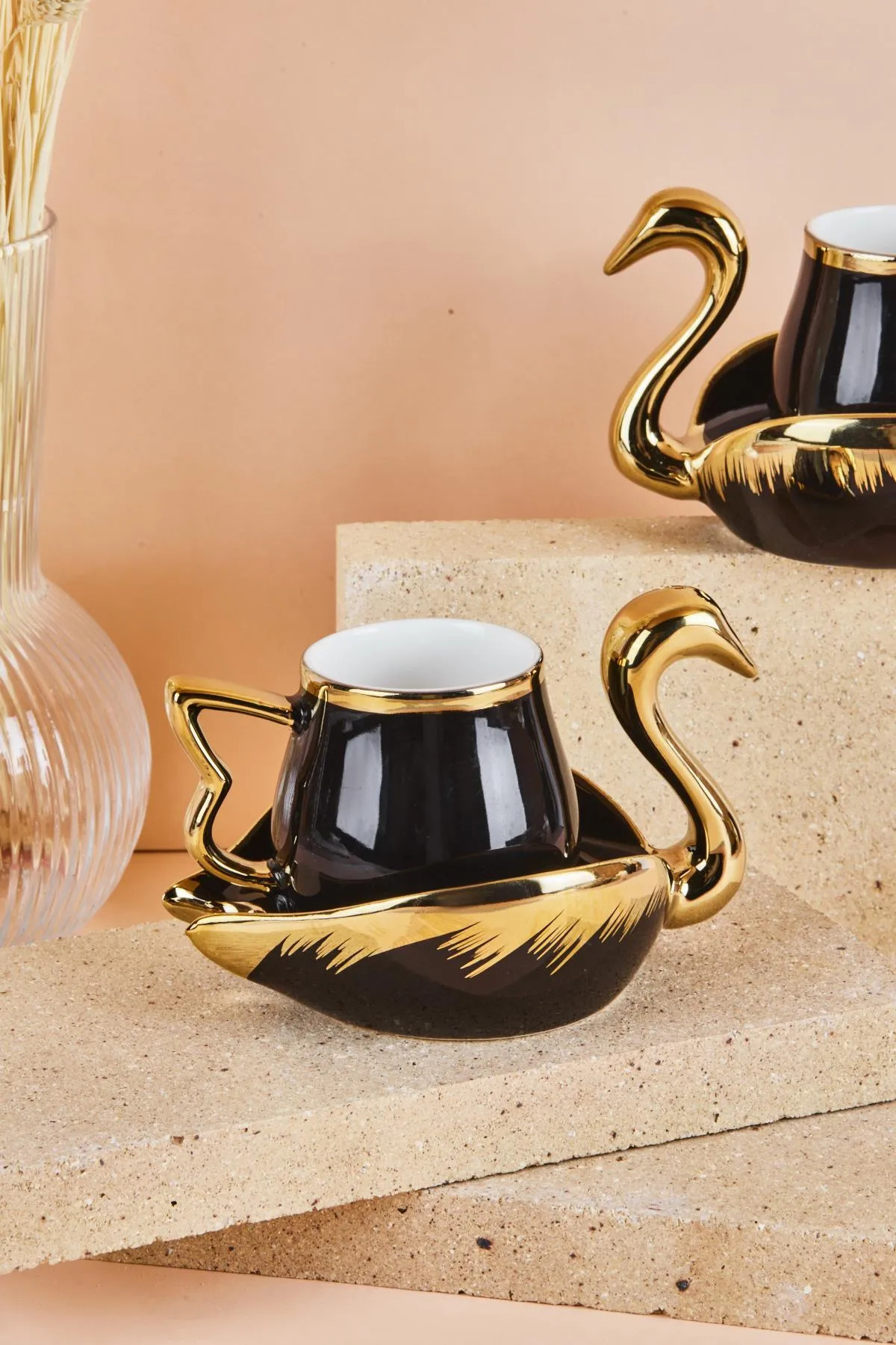 Mutfaksultani Swan Kuğu 2 Kişilik Porselen Kahve Fincan Takımı 80 Ml Siyah