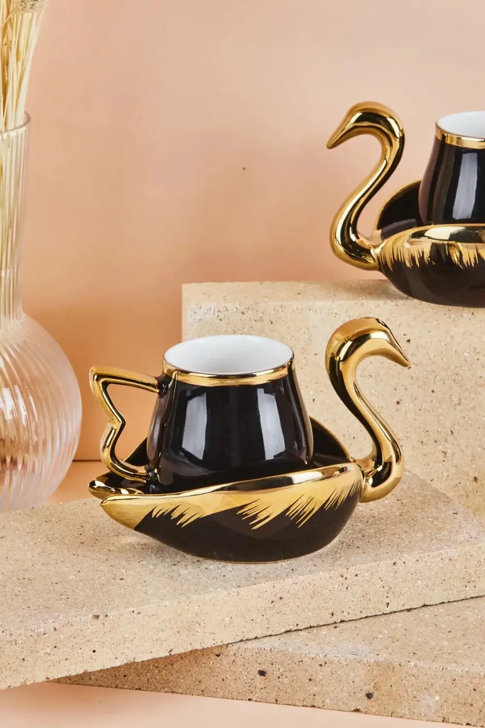 Swan Kuğu 2 Kişilik Porselen Kahve Fincan Takımı 80 ml Siyah