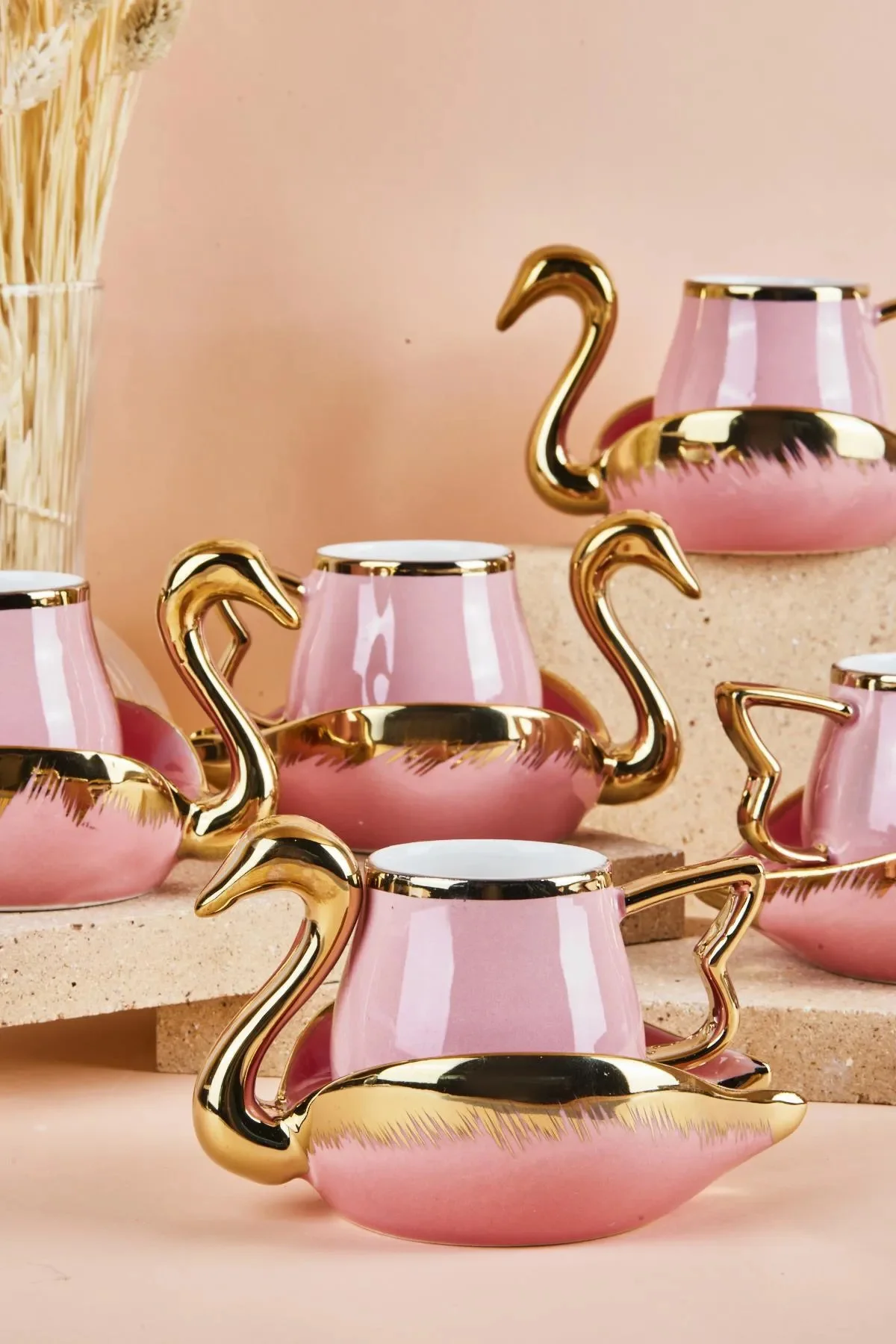 Swan Kuğu 6 Kişilik Porselen Kahve Fincan Takımı 80 ml Pembe