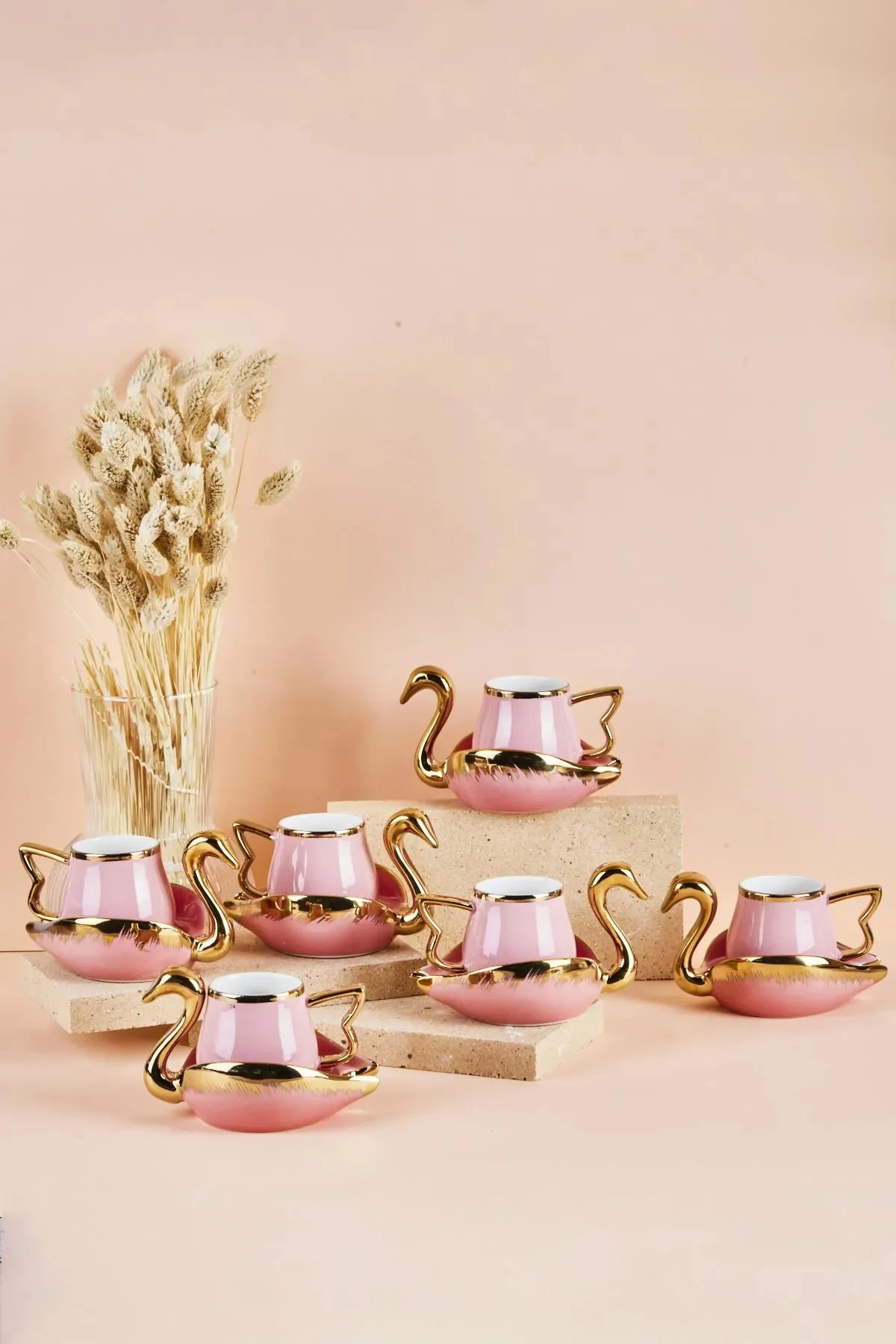 Swan Kuğu 6 Kişilik Porselen Kahve Fincan Takımı 80 ml Pembe