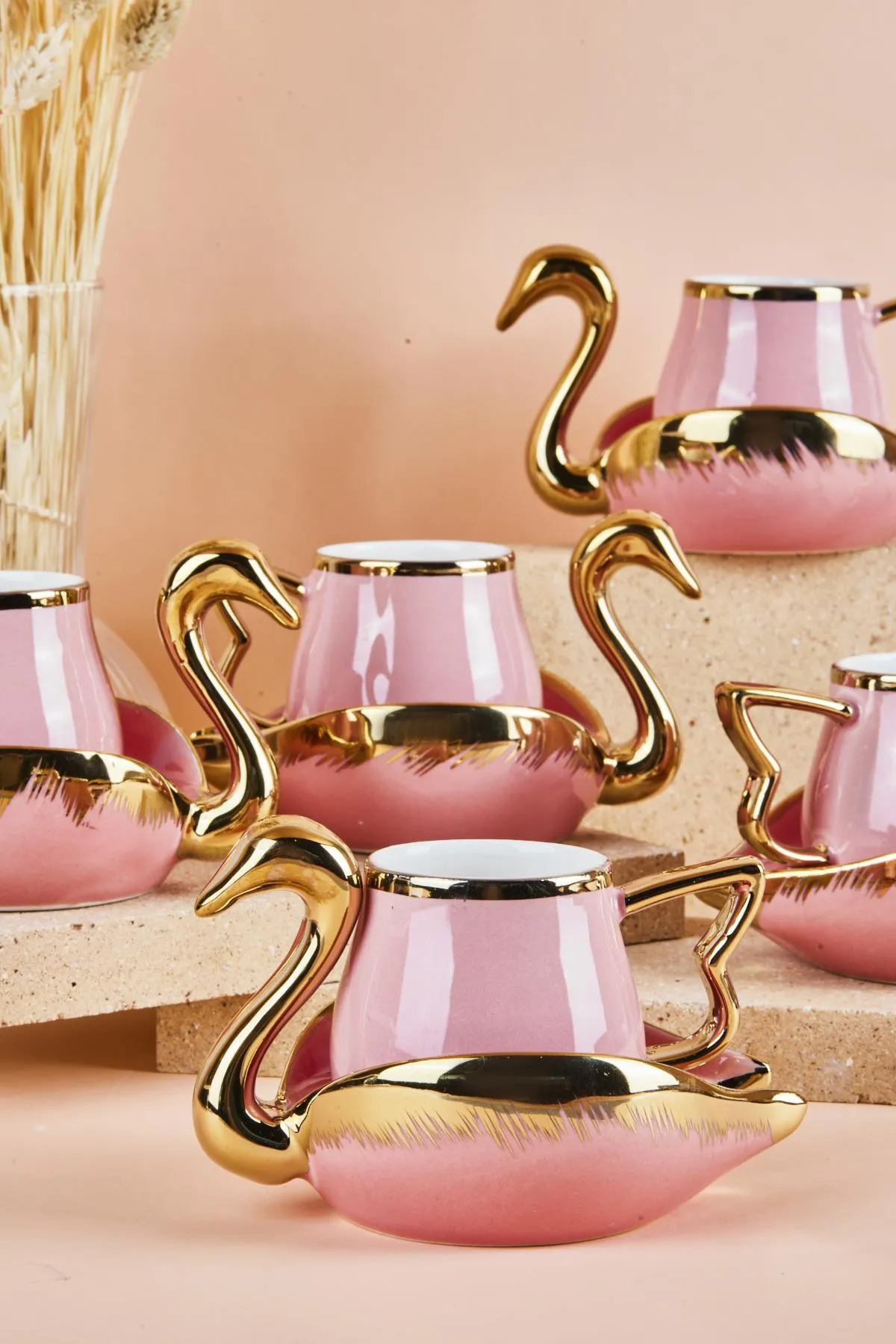 Mutfaksultani Swan Kuğu 6 Kişilik Porselen Kahve Fincan Takımı 80 Ml Pembe