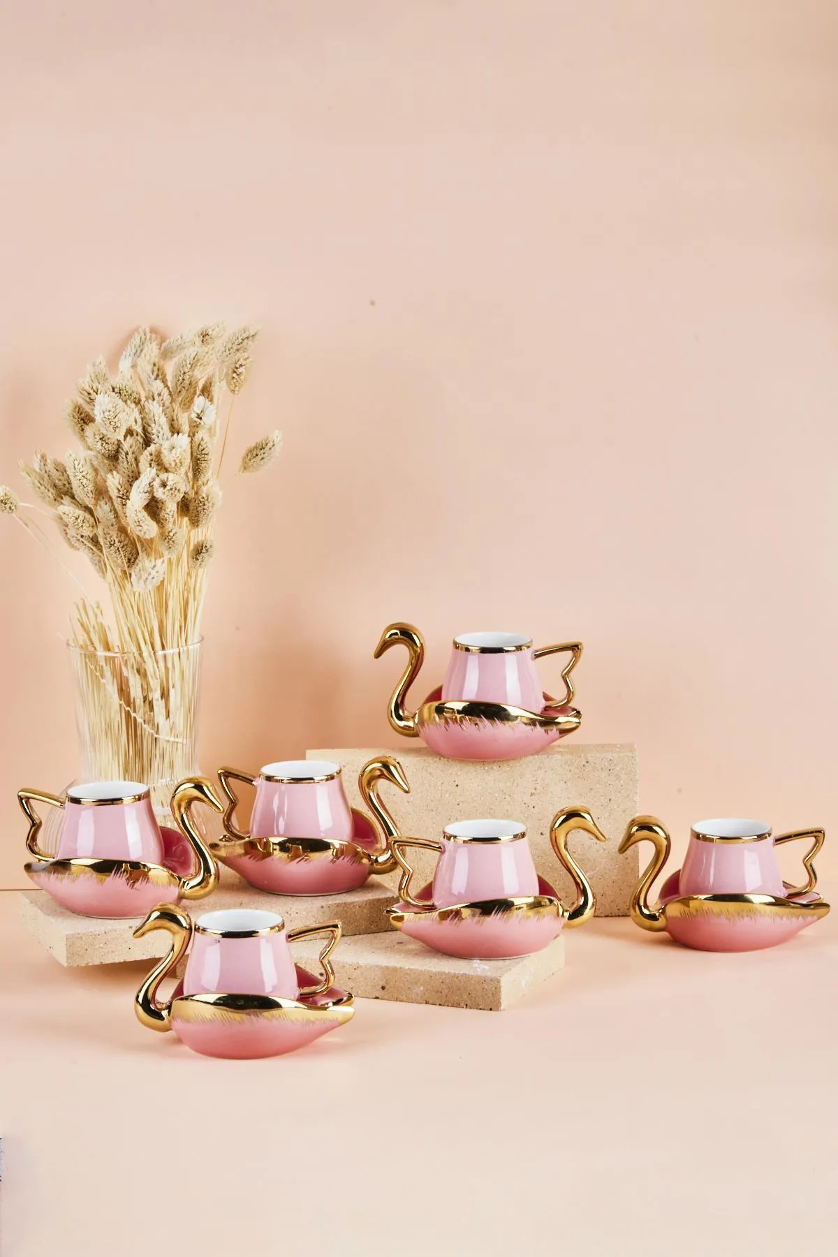 Mutfaksultani Swan Kuğu 6 Kişilik Porselen Kahve Fincan Takımı 80 Ml Pembe