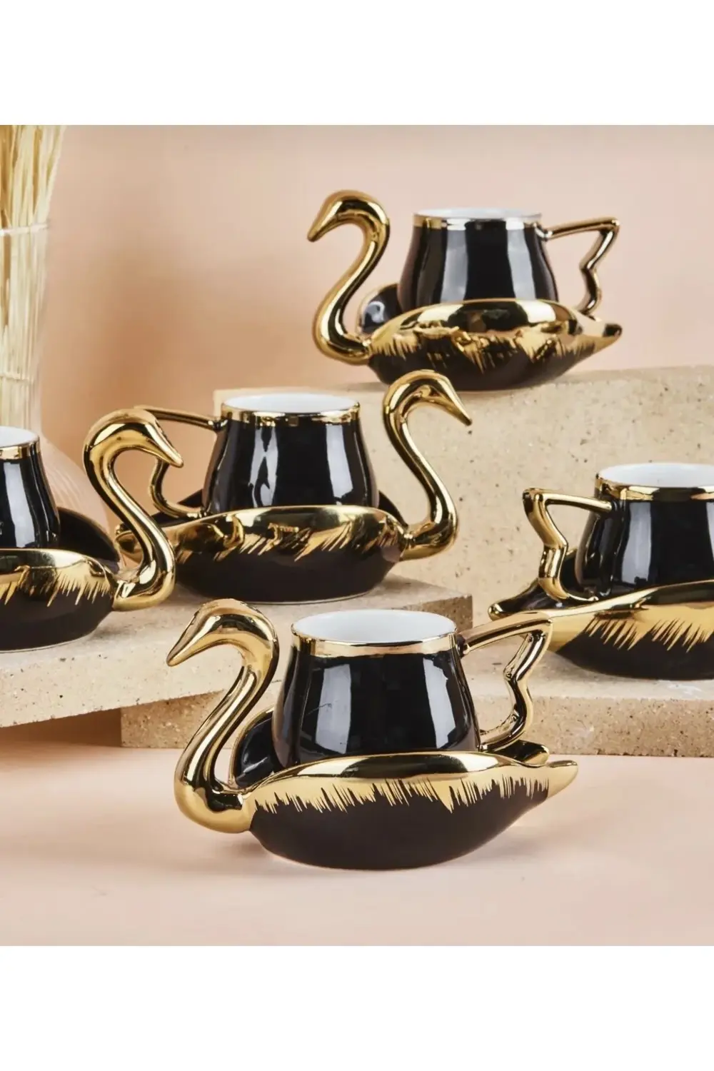 Swan Kuğu 6 Kişilik Porselen Kahve Fincan Takımı 80 ml Siyah