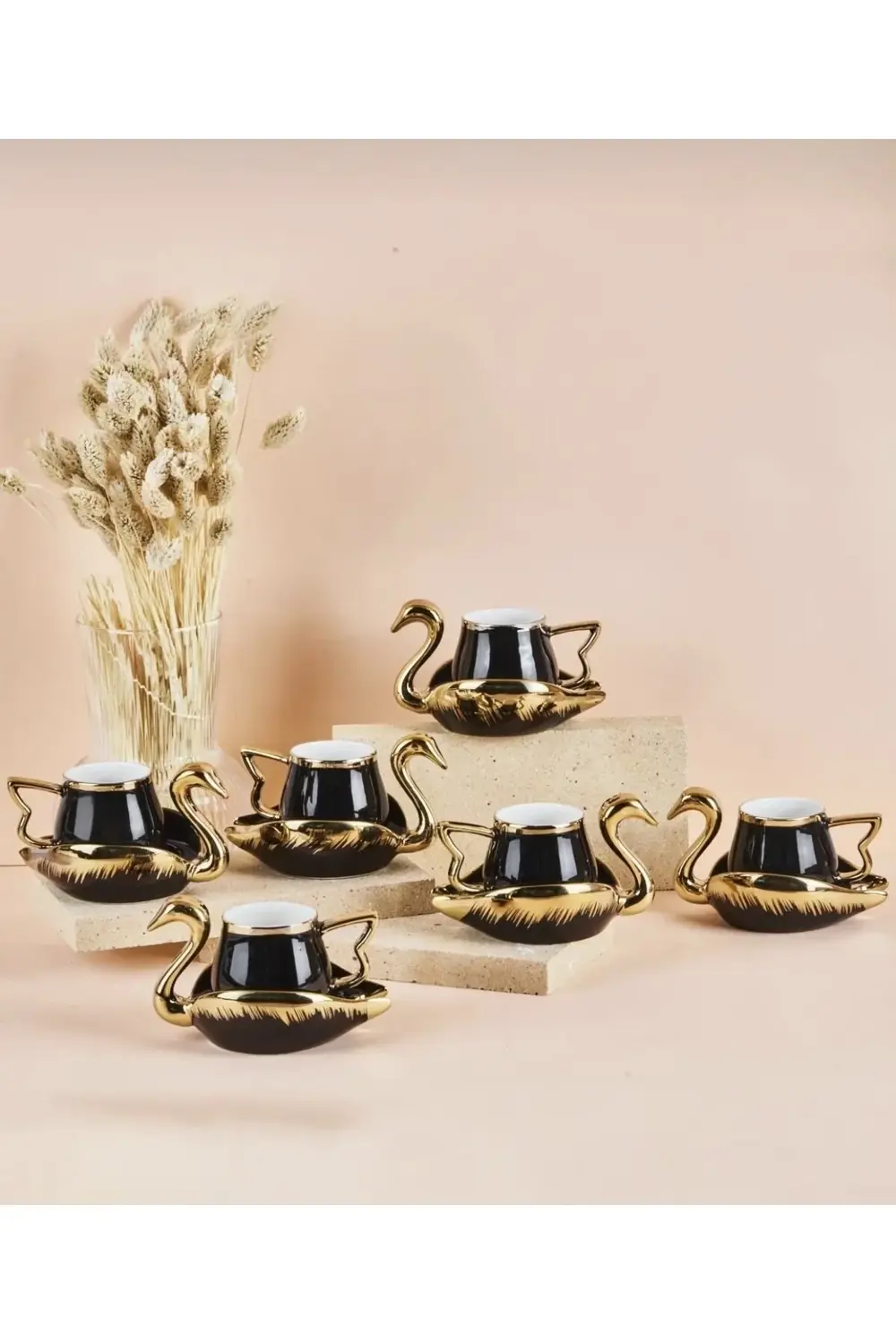 Swan Kuğu 6 Kişilik Porselen Kahve Fincan Takımı 80 ml Siyah