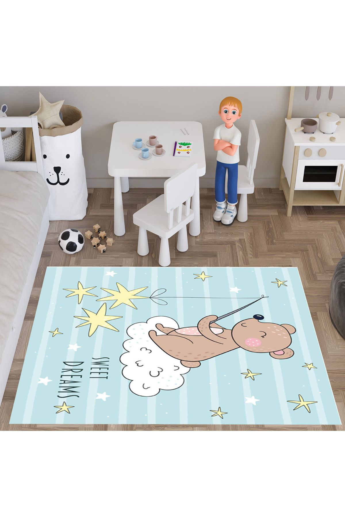 Evan Home Sweet Dreams   Desenli  Dijital Baskı Yıkanabilir Kaymaz Taban Çocuk Odası Halısı