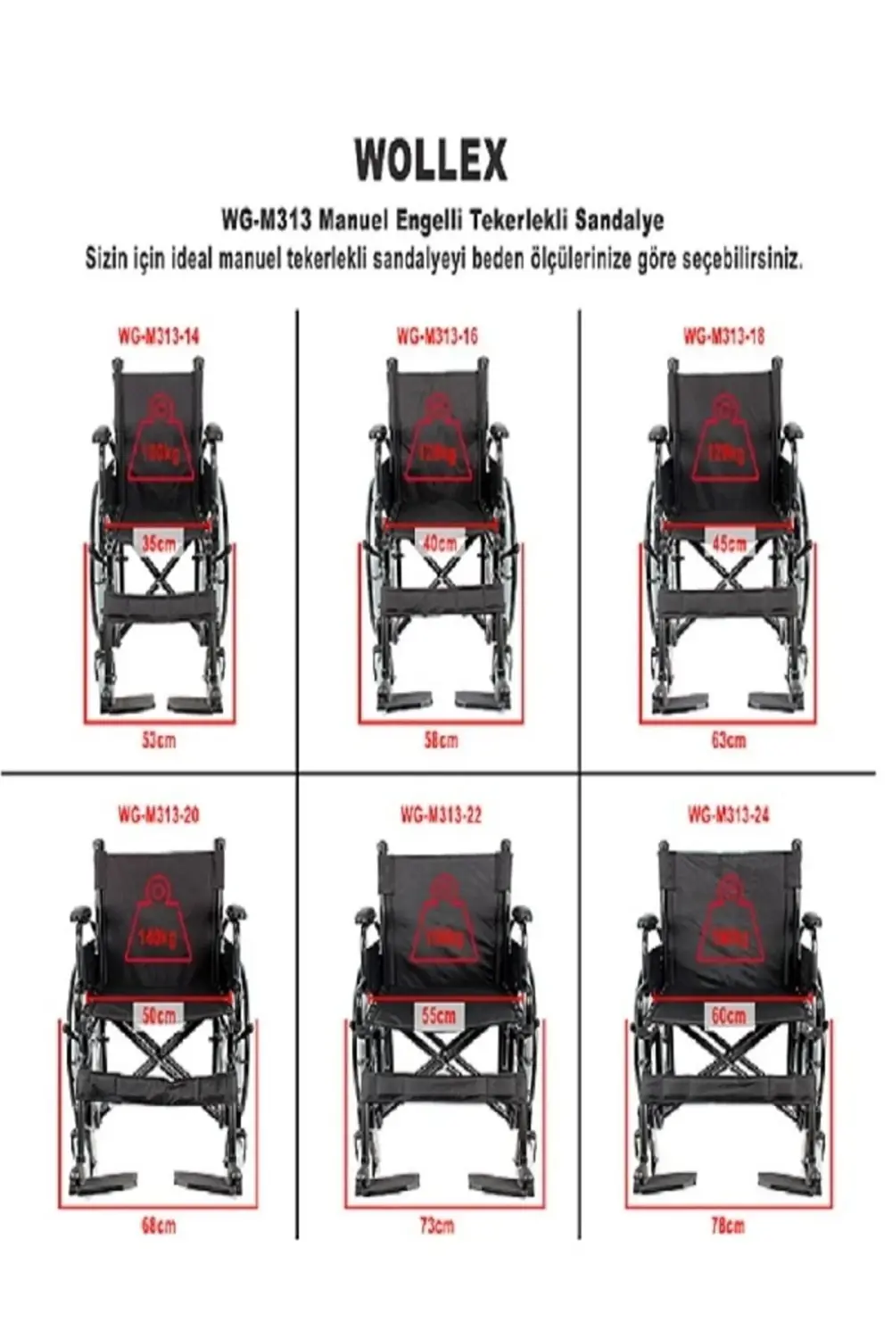 SWEMO -m313-18 Yetişkin Çelik Tekerlekli Sandalye 35-45 - 55 Cm