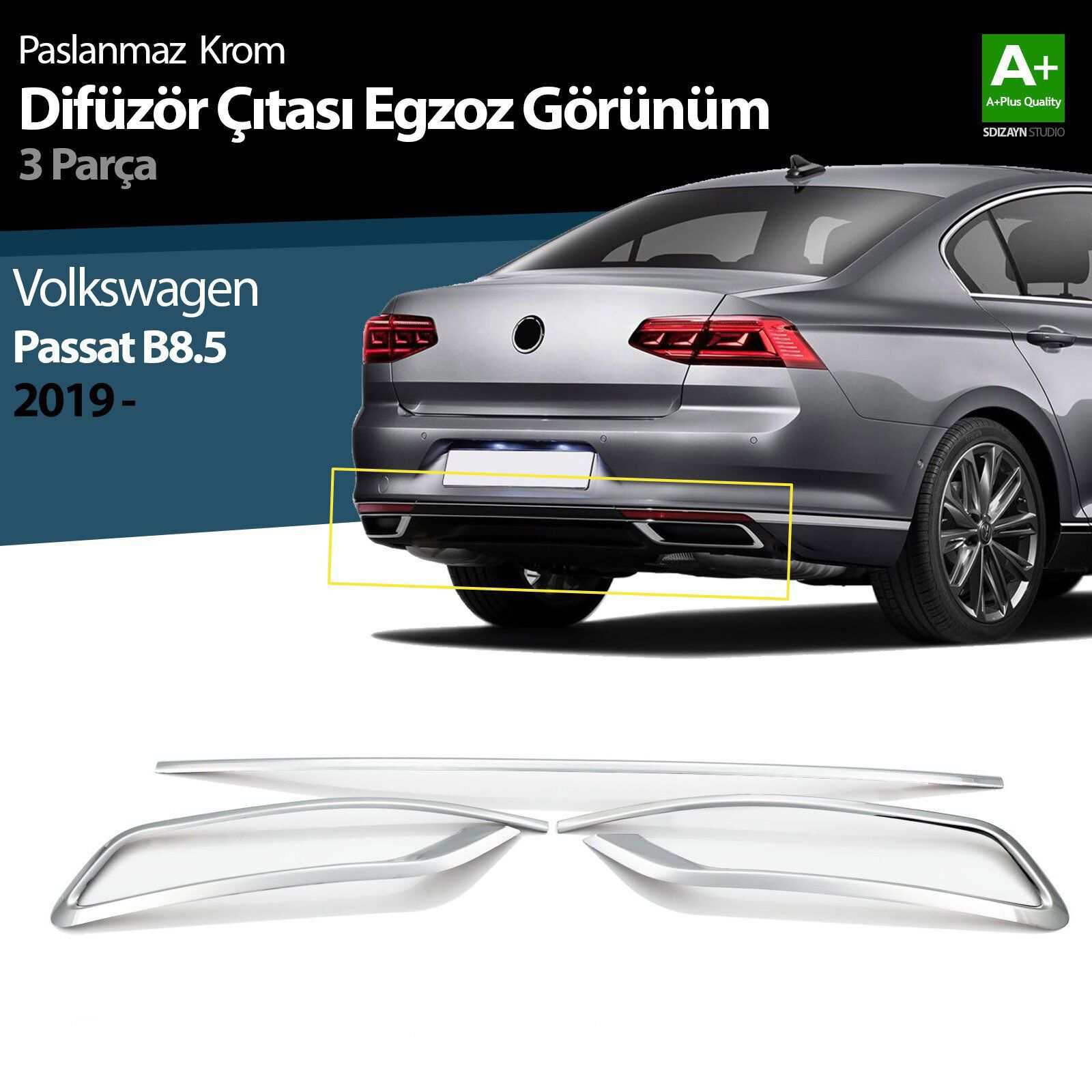 t B8.5 Uyumlu Krom Egzoz Görünümü Difüzör Çıtası 3 Parça 2019 Ve t B8.5 Uyumlu Krom Egzoz Görünümü Difüzör Çıtası 3 Parça 2019 Ve