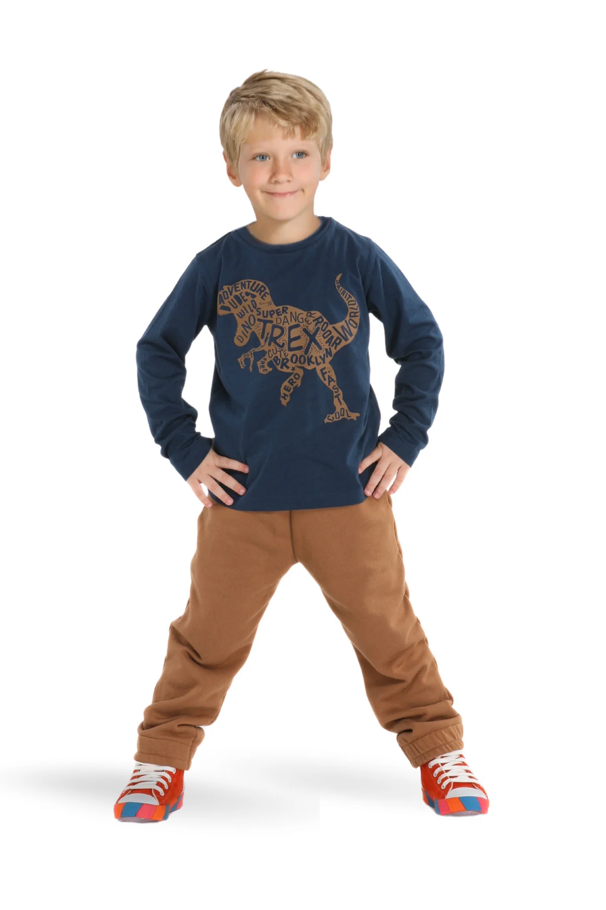 T-Rex Baskılı Jogger Pantolon + Uzun Kol -T-shirt Takım