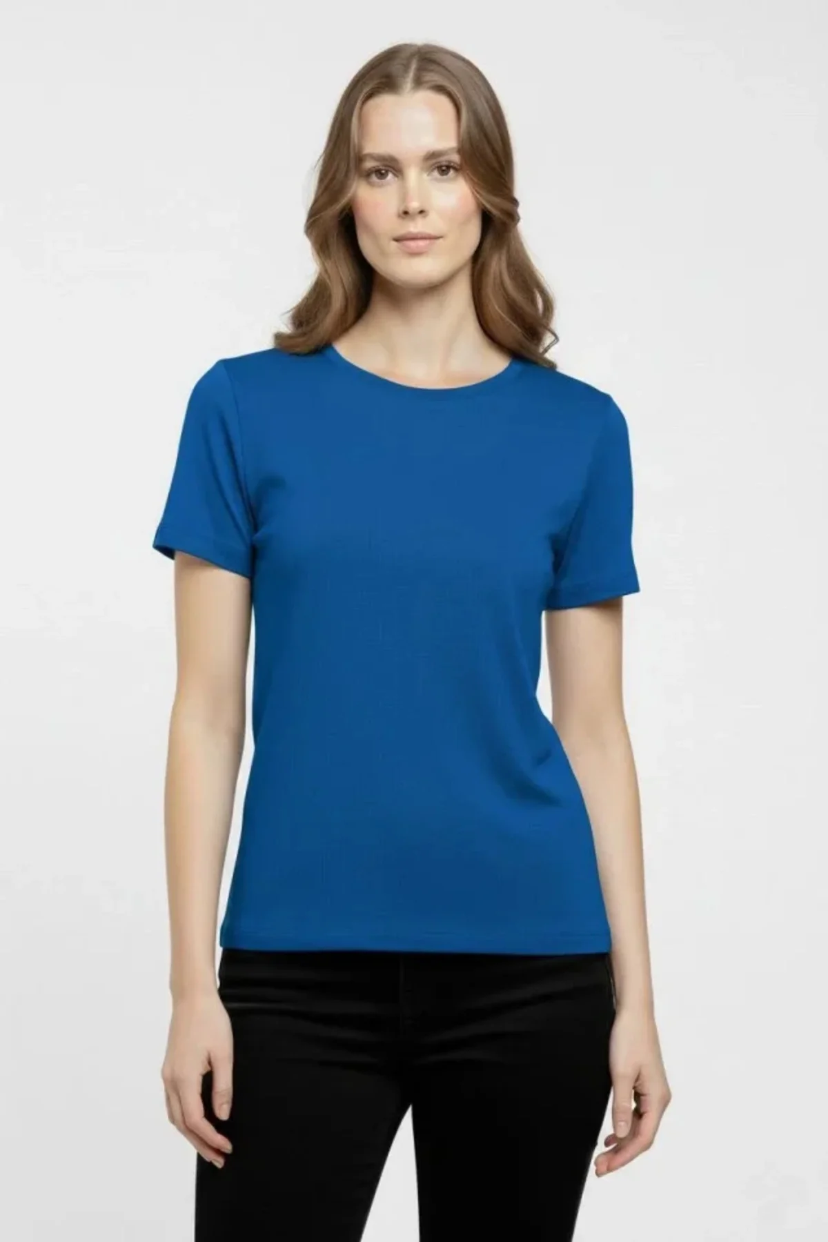T-Shirt Bisiklet Yaka Slim Fit Likralı Tişört Günlük Basic Body - İndigo - Görsel 3