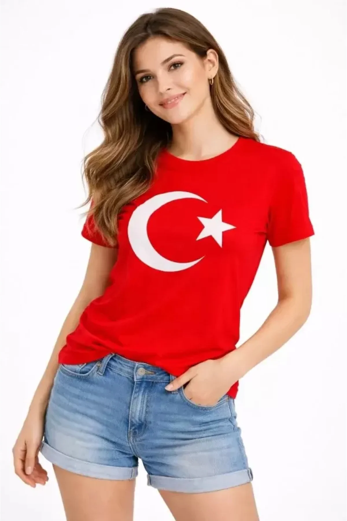 T-Shirt Kısa Kol Bisiklet Yaka Ay Yıldız Bayrak Baskılı Tişört - 
