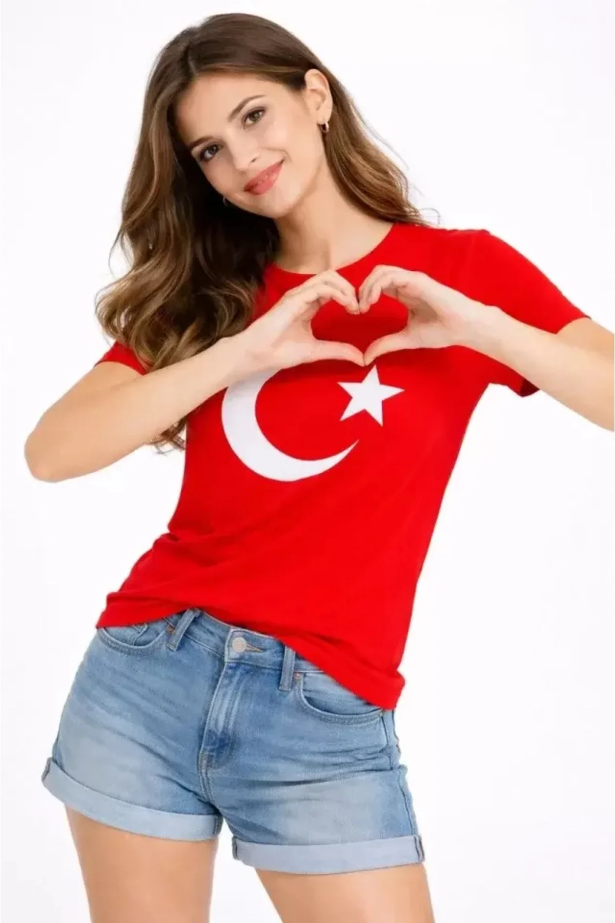 T-Shirt Kısa Kol Bisiklet Yaka Ay Yıldız Bayrak Baskılı Tişört - 