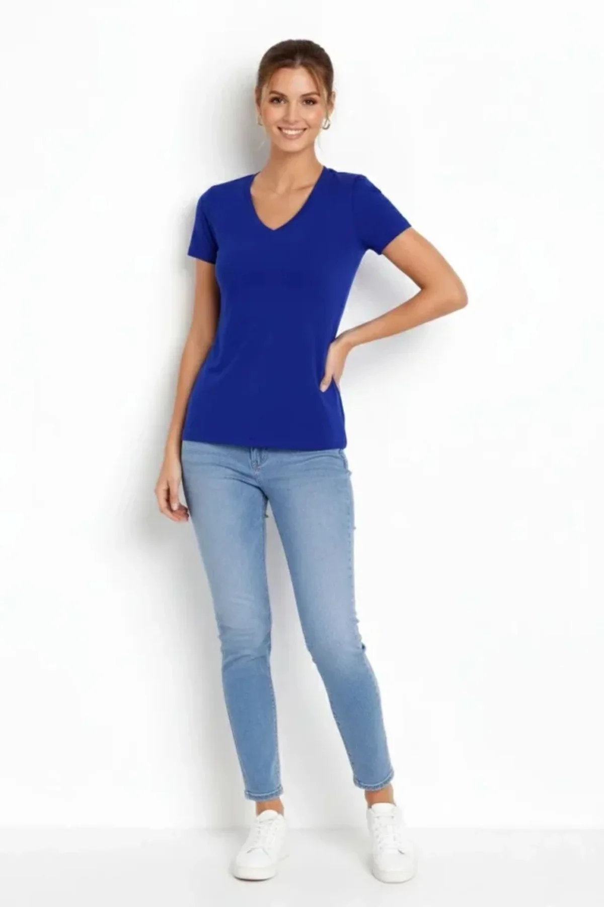 T-Shirt V Yaka Slim Fit Likralı Tişört Günlük Basic Body - İndigo T-Shirt V Yaka Slim Fit Likralı Tişört Günlük Basic Body - İndigo - Görsel 2