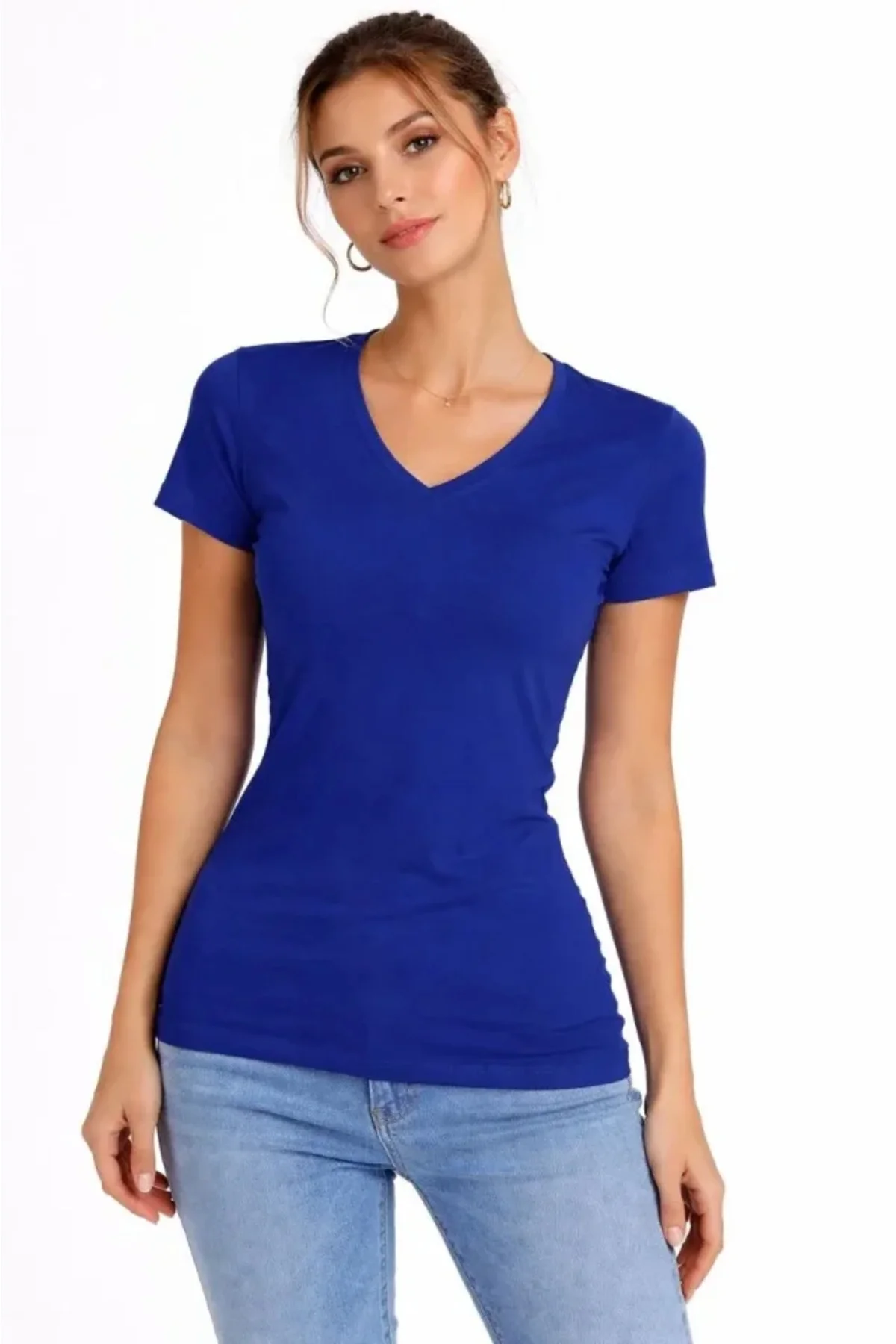 T-Shirt V Yaka Slim Fit Likralı Tişört Günlük Basic Body - İndigo T-Shirt V Yaka Slim Fit Likralı Tişört Günlük Basic Body - İndigo