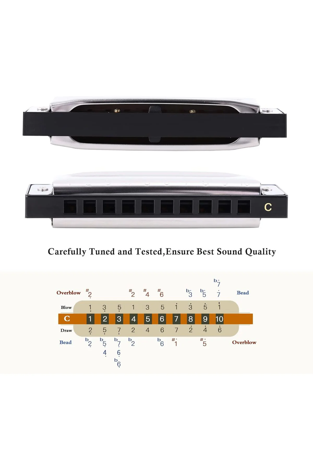 T10-3 Mızıka Paslanmaz Çelik Gövde 10 Delikli Gümüş Renk Harmonica