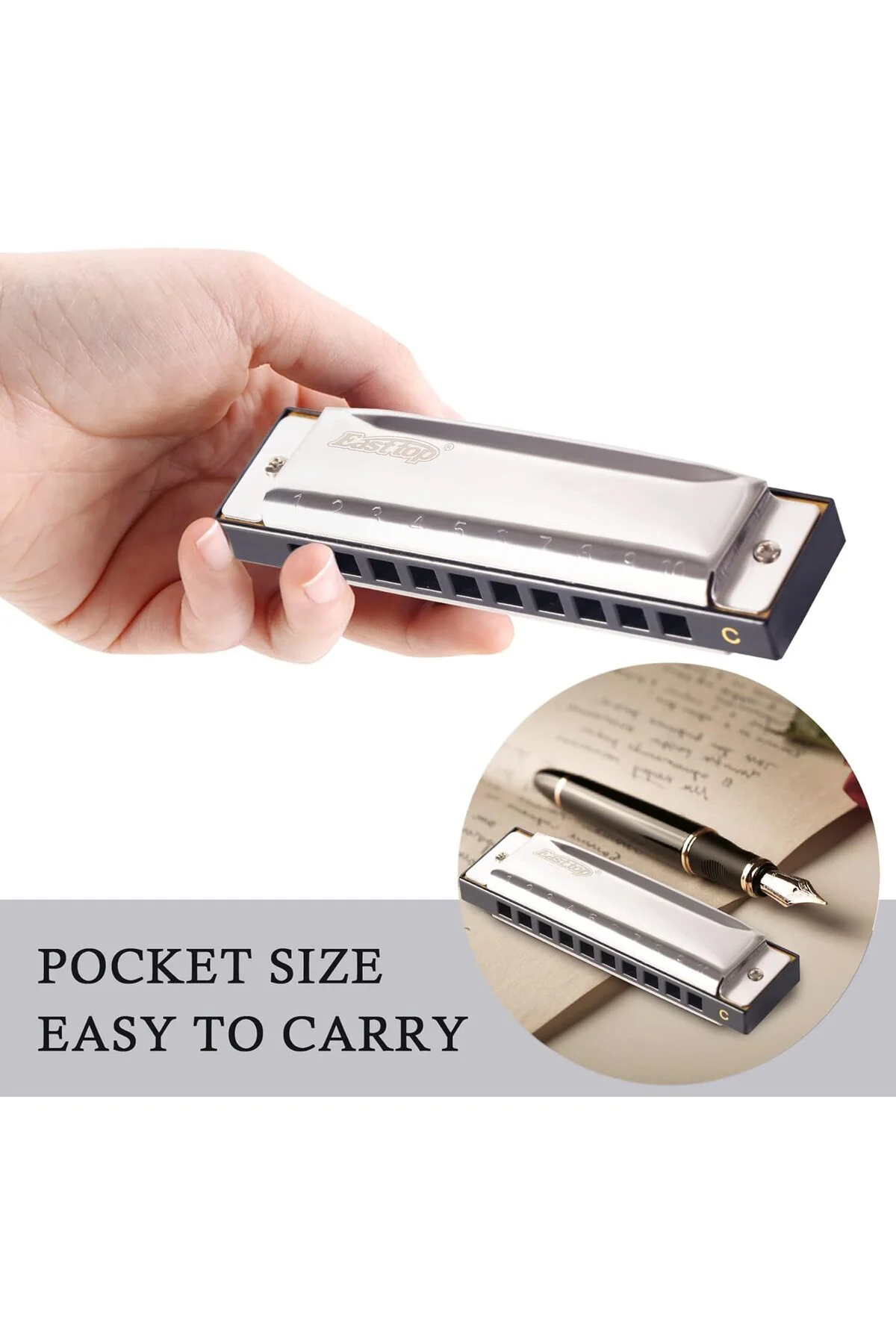T10-3 Mızıka Paslanmaz Çelik Gövde 10 Delikli Gümüş Renk Harmonica