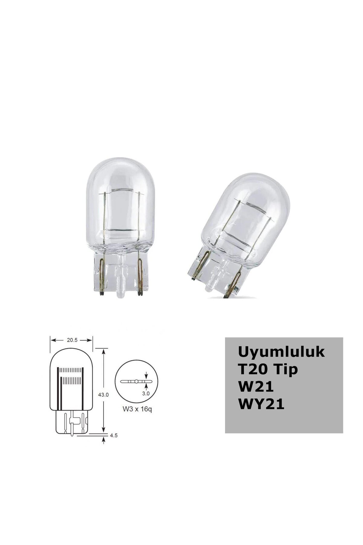 T20 W21 Tip 5W Tek Duylu Halojen Ampul 12V 2 Adet