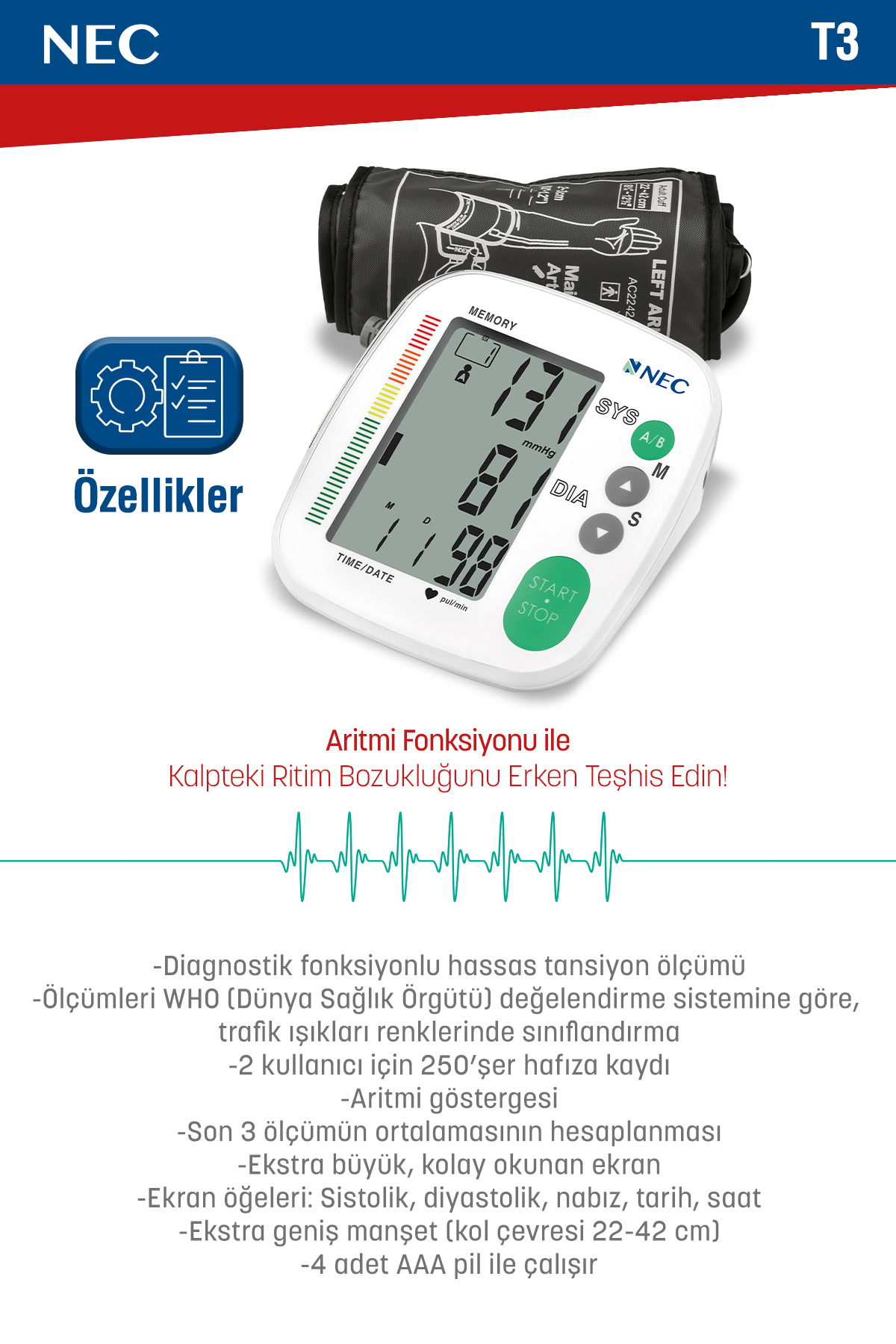 T3 Kol Tipi Dijital Tansiyon Aleti