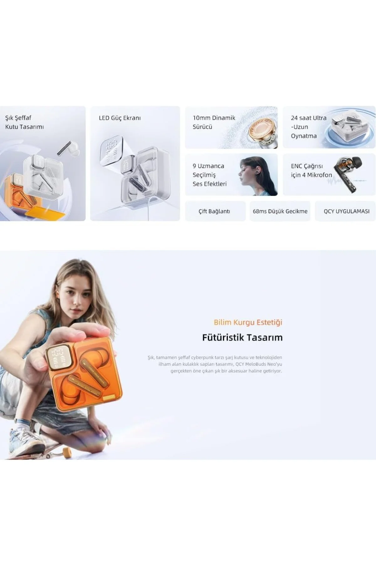 T31 Melobuds Neo ENC 4 Mikrofon Dijital Güç Göstergesi Bluetooth 5.3 Kablosuz Kulaklık