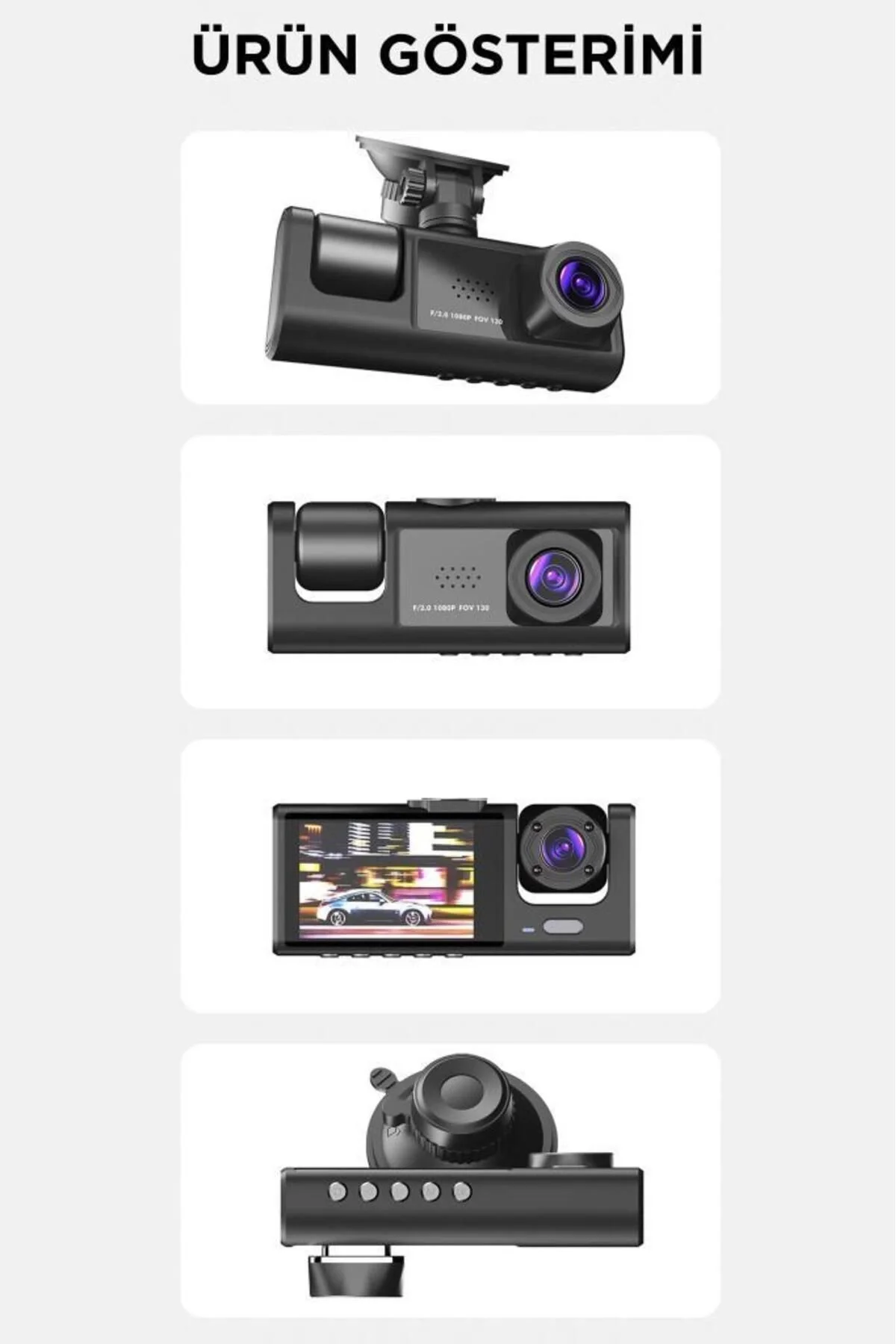 TA-01 Siyah 1080p Araç içi 3 Kameralı Lcd Ekranlı Gece Görüşlü , G-sensör , Geri Görüş Kamera