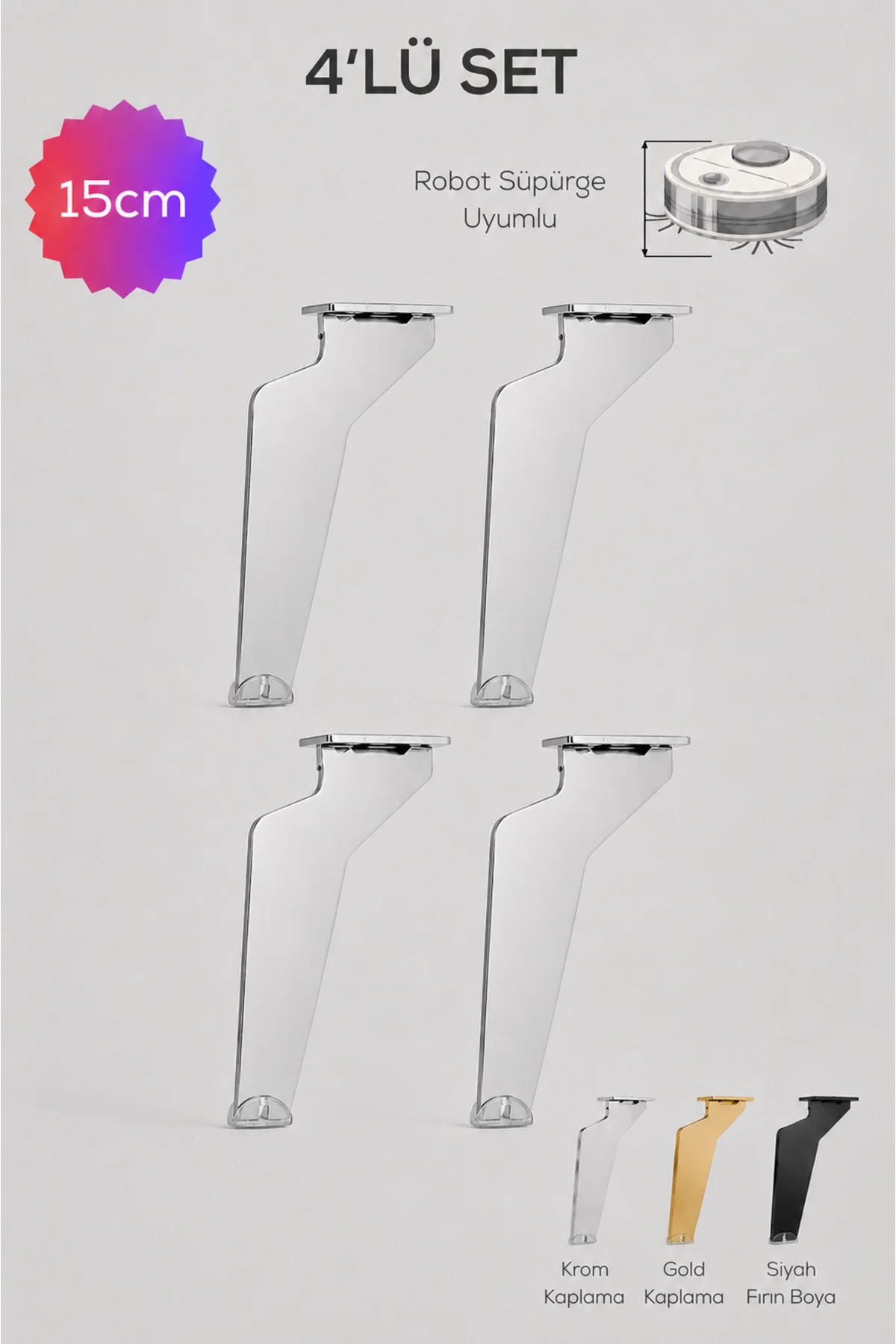 Tabanca Ayak Nikel 15cm-4'lü Set-Modern Metal Ayak-TV Ünitesi Ayağı-Koltuk Ayağı-Kanepe Ayağı-Berjer Ayağı-Orta Sehpa Ayağı