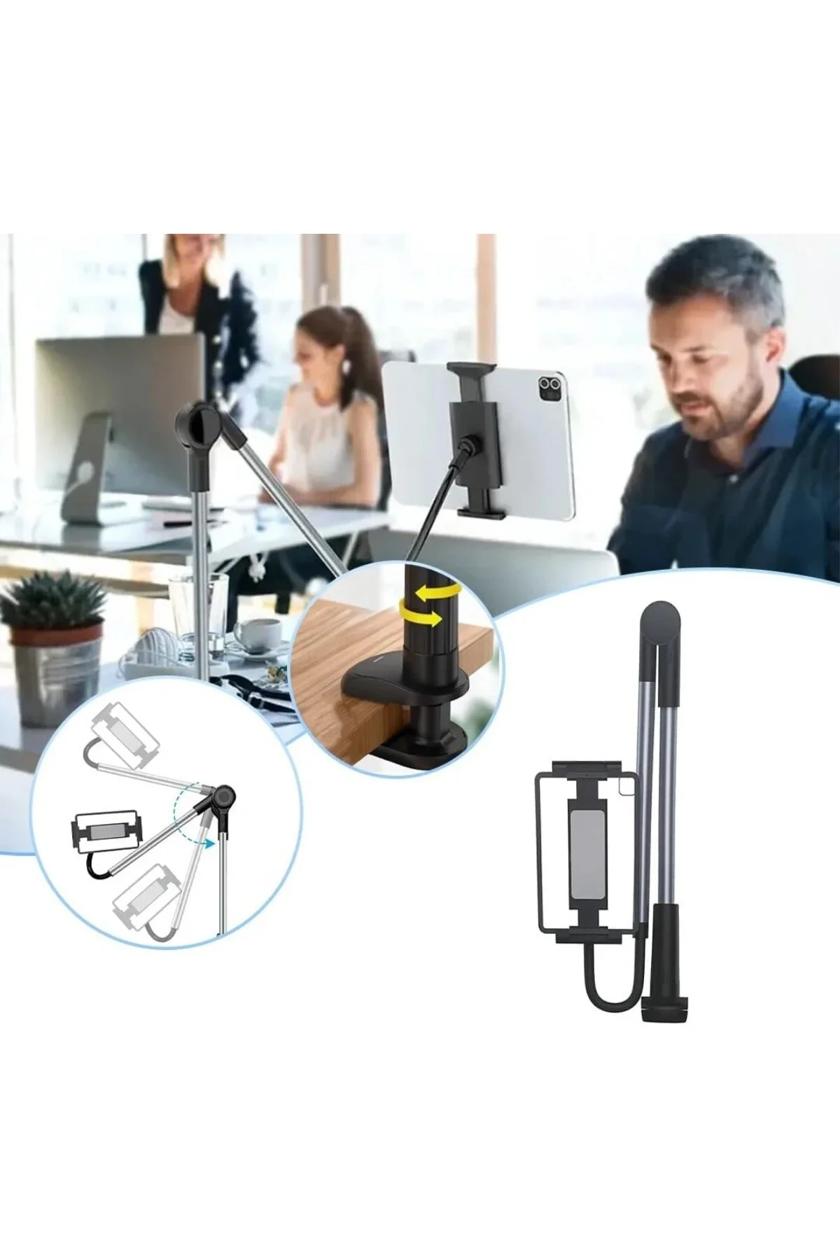 Tablet ve Telefon Tutucu Masa Kıskaçlı Stand 360° Dönebilen Ayarl