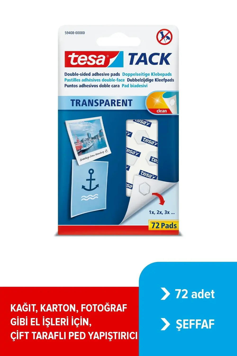 TACK, Kendinden Yapışkanlı,Tekrar kullanılabilir Pedler, Şeffaf,