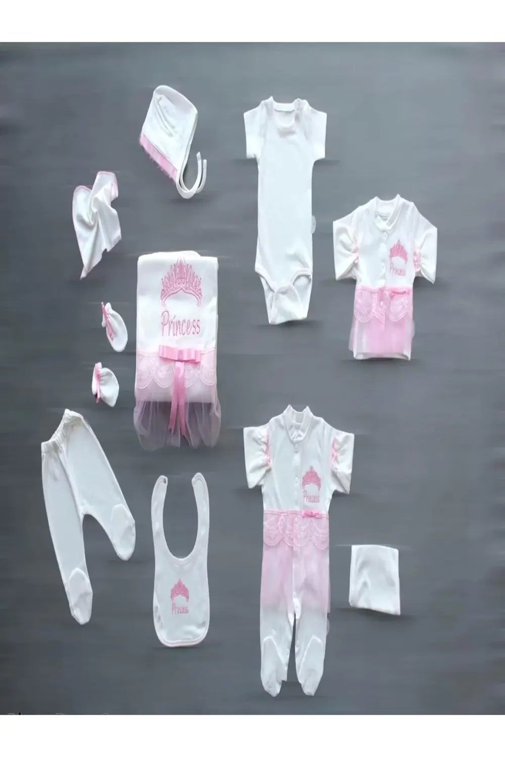 Taçlı Prensesim Nakışlı 10lu Zıbın Takımı Hastane Çıkışı Pembe