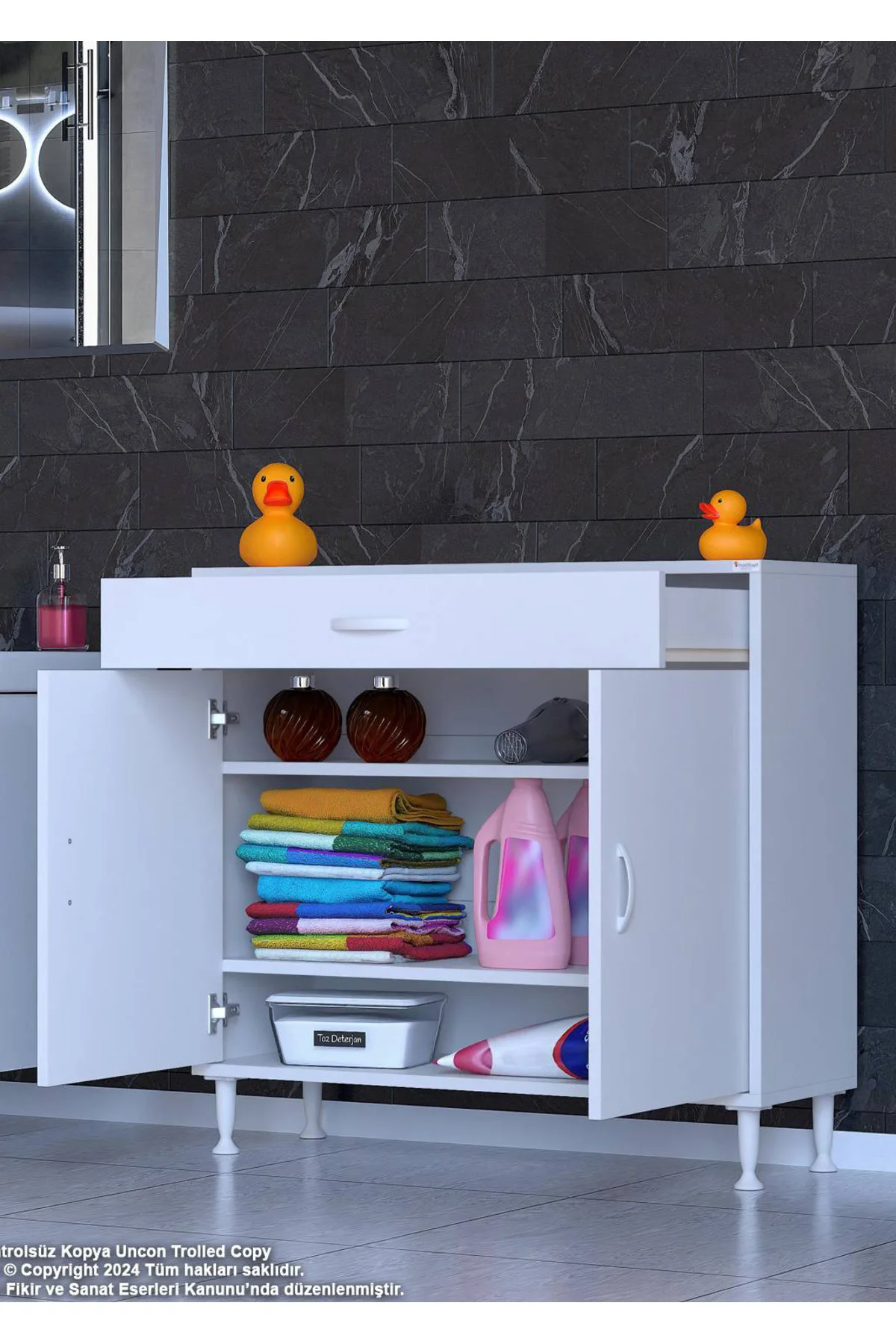 Taha 100 cm 3 Bölmeli Beyaz Çok Amaçlı Dolap 2 Raflı Banyo Mutfak