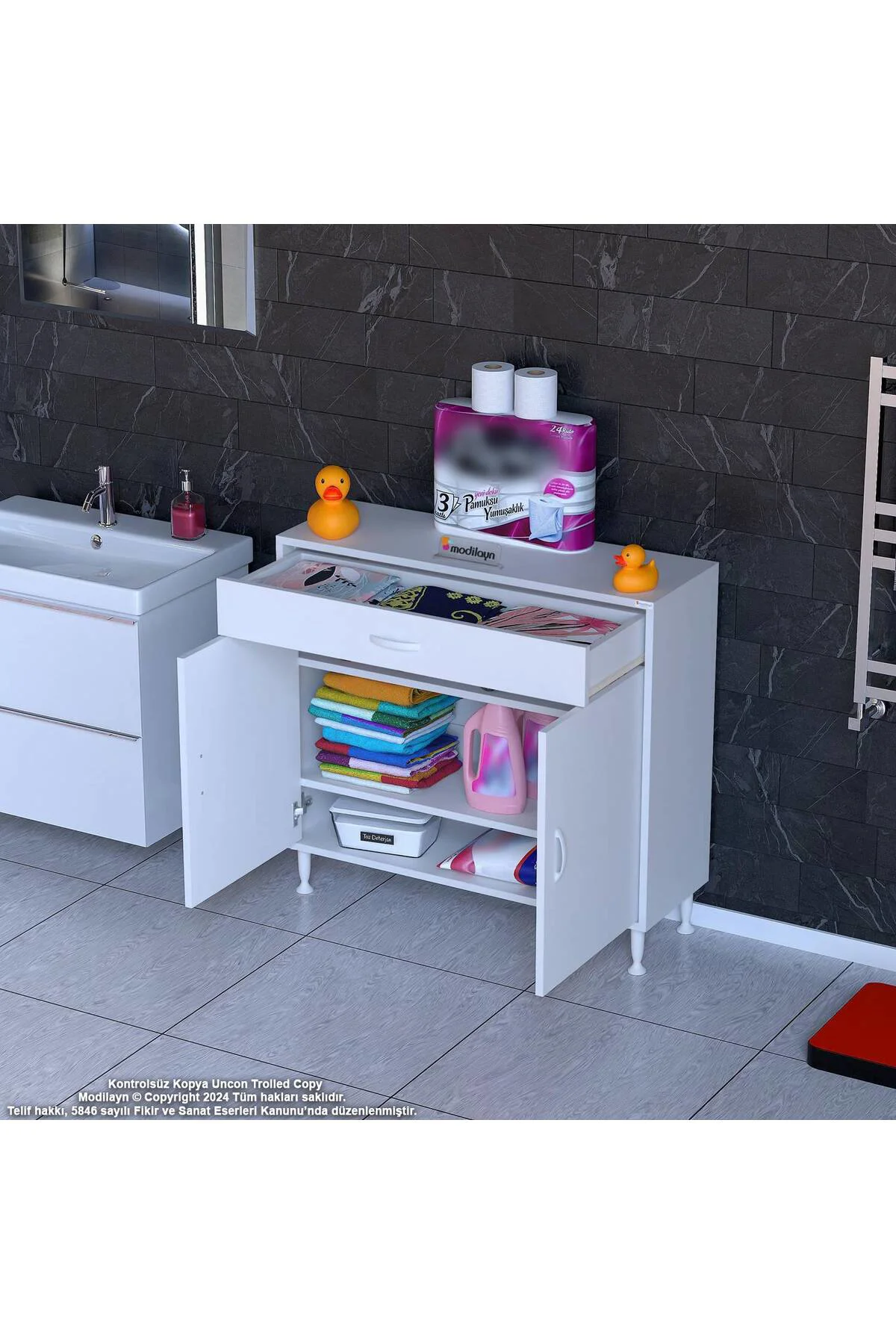Taha 100 cm 3 Bölmeli Beyaz Çok Amaçlı Dolap 2 Raflı Banyo Mutfak