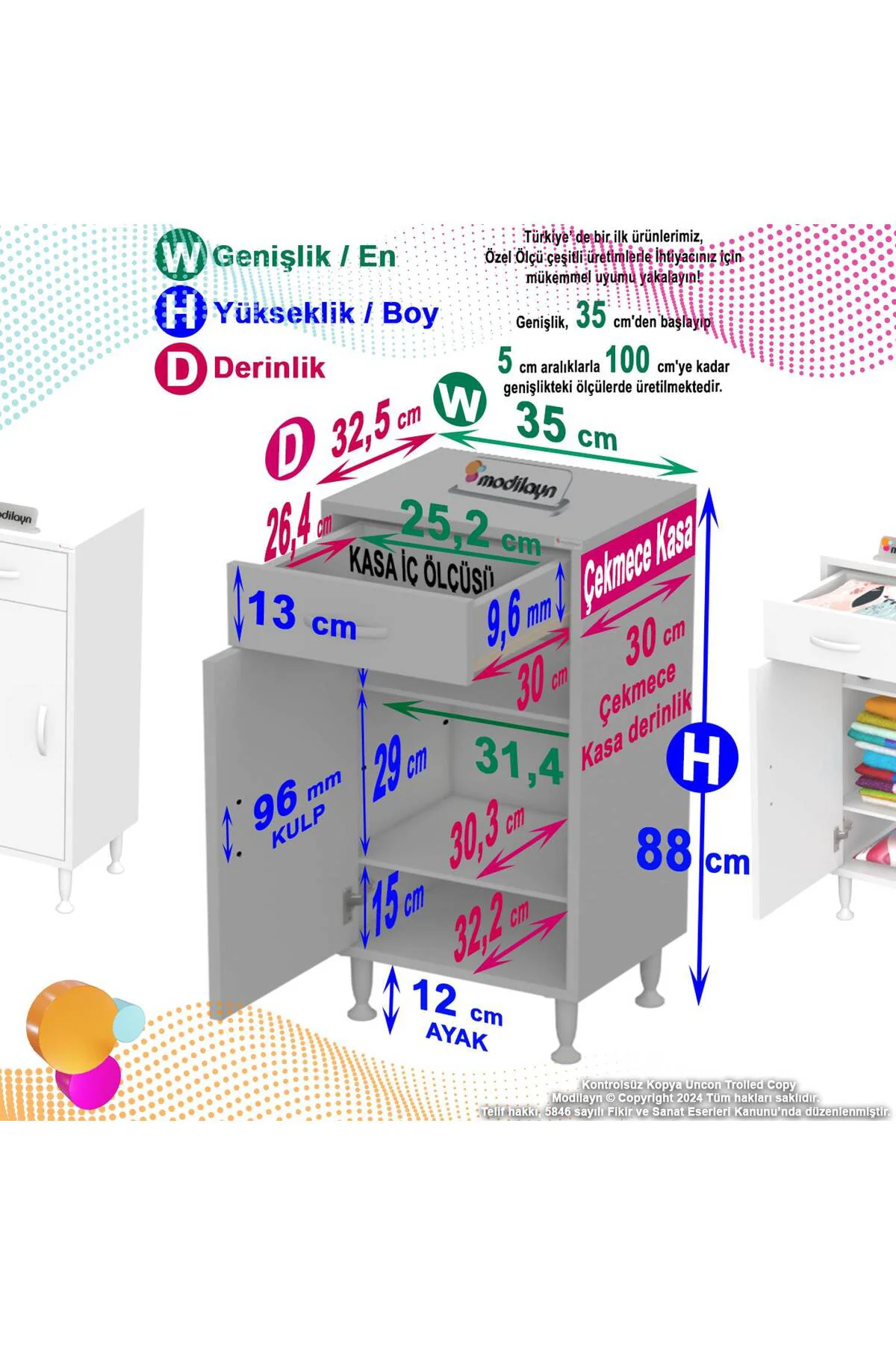 Taha 35 cm 3 Bölmeli Beyaz Çok Amaçlı Dolap 2 Raflı Banyo Mutfak Taha 35 cm 3 Bölmeli Beyaz Çok Amaçlı Dolap 2 Raflı Banyo Mutfak