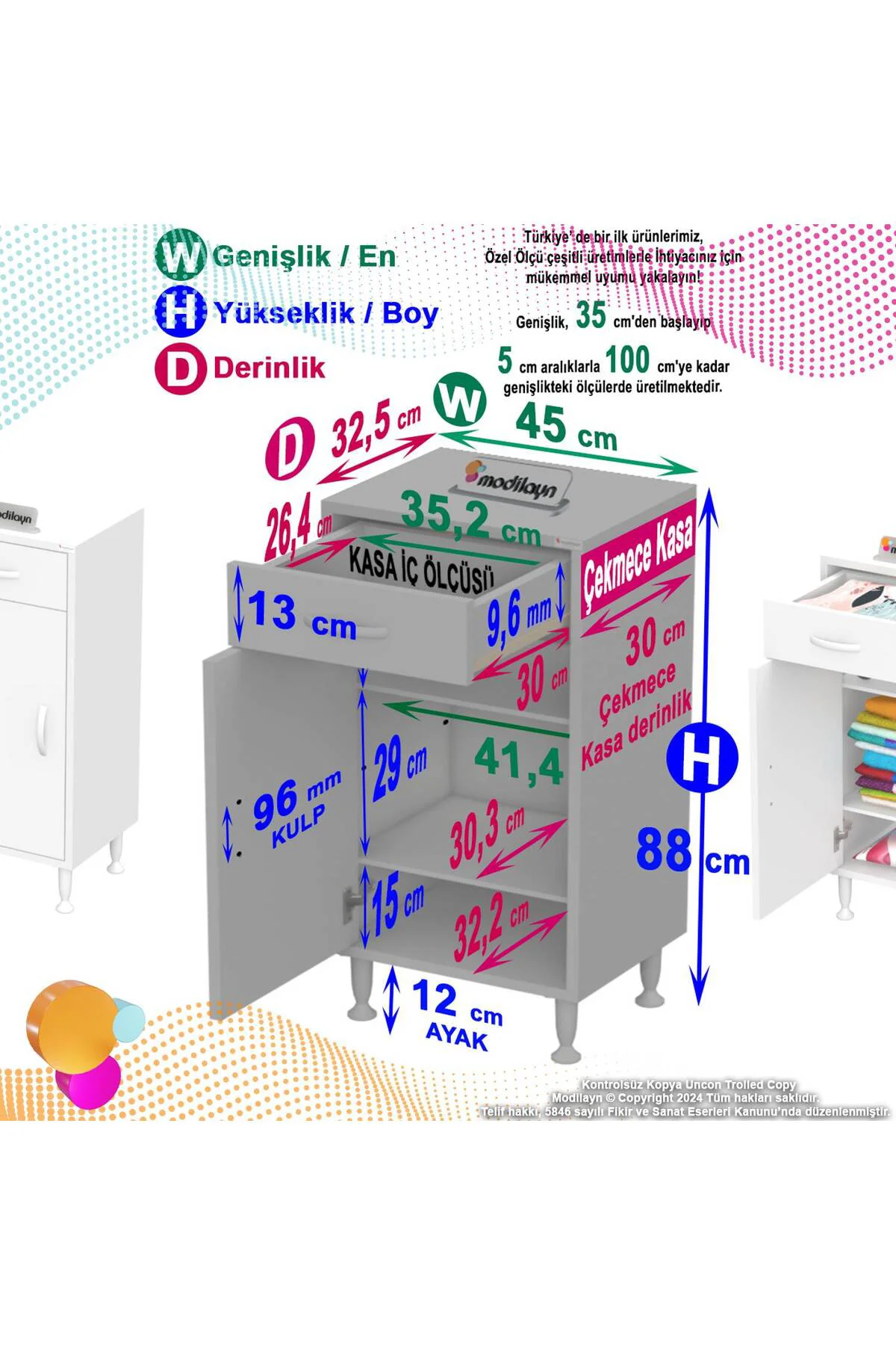 Taha 45 cm 3 Bölmeli Beyaz Çok Amaçlı Dolap 2 Raflı Banyo Mutfak 