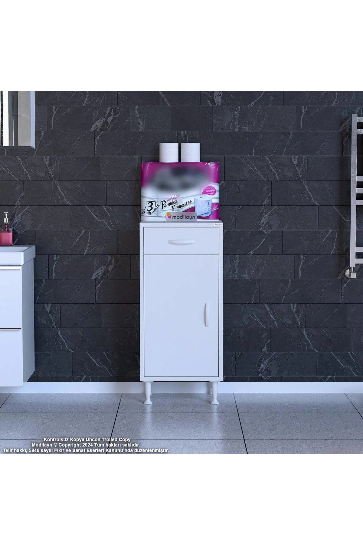 Taha 45 cm 3 Bölmeli Beyaz Çok Amaçlı Dolap 2 Raflı Banyo Mutfak 