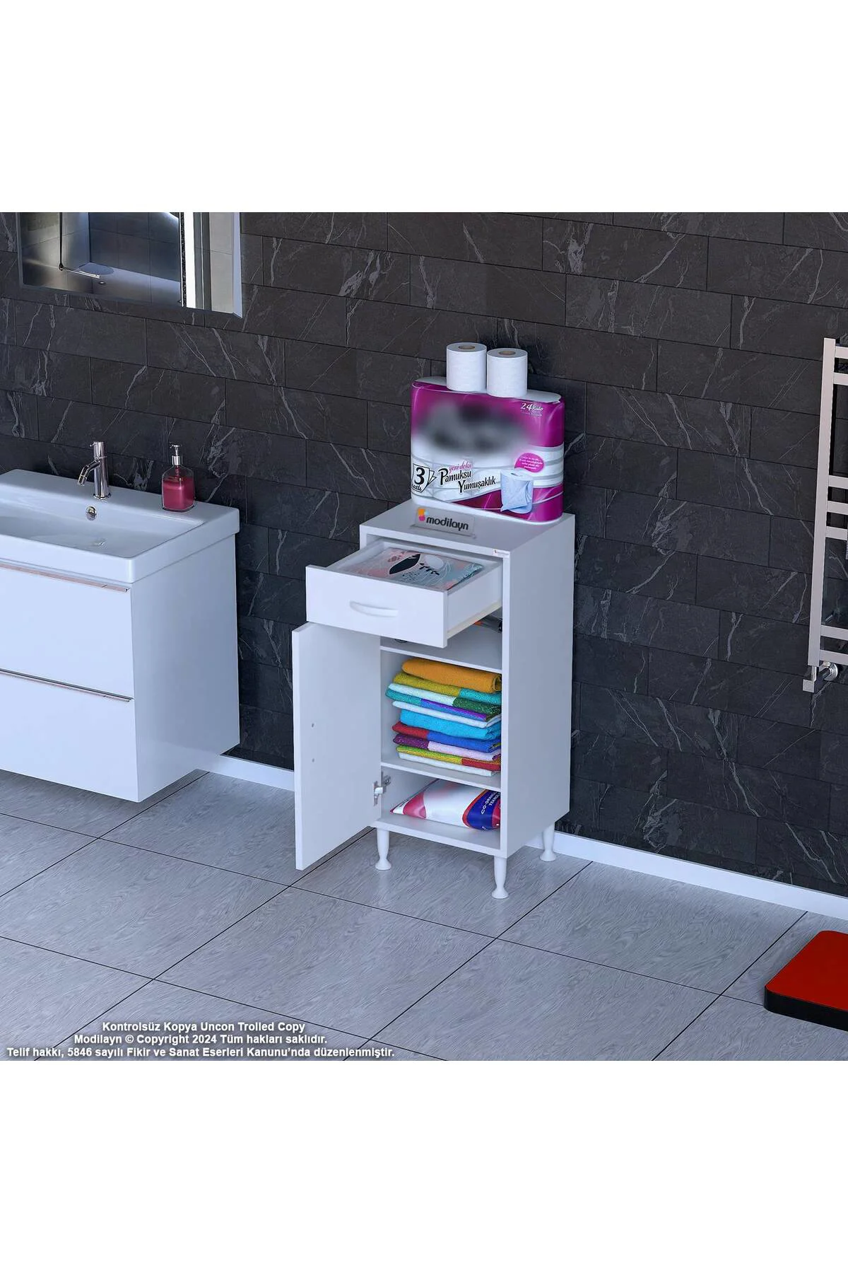 Taha 45 cm 3 Bölmeli Beyaz Çok Amaçlı Dolap 2 Raflı Banyo Mutfak 