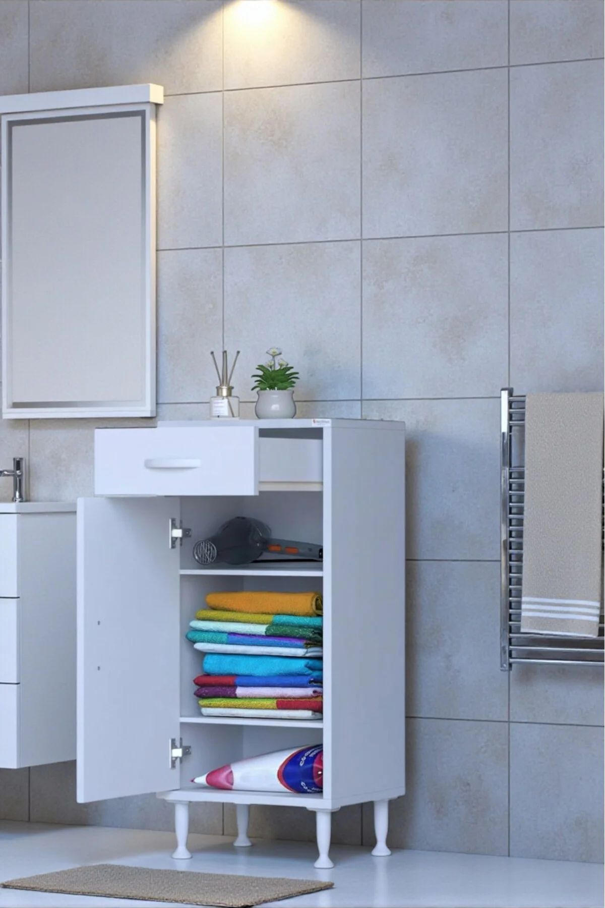 Taha 45 cm 3 Bölmeli Beyaz Çok Amaçlı Dolap 2 Raflı Banyo Mutfak 