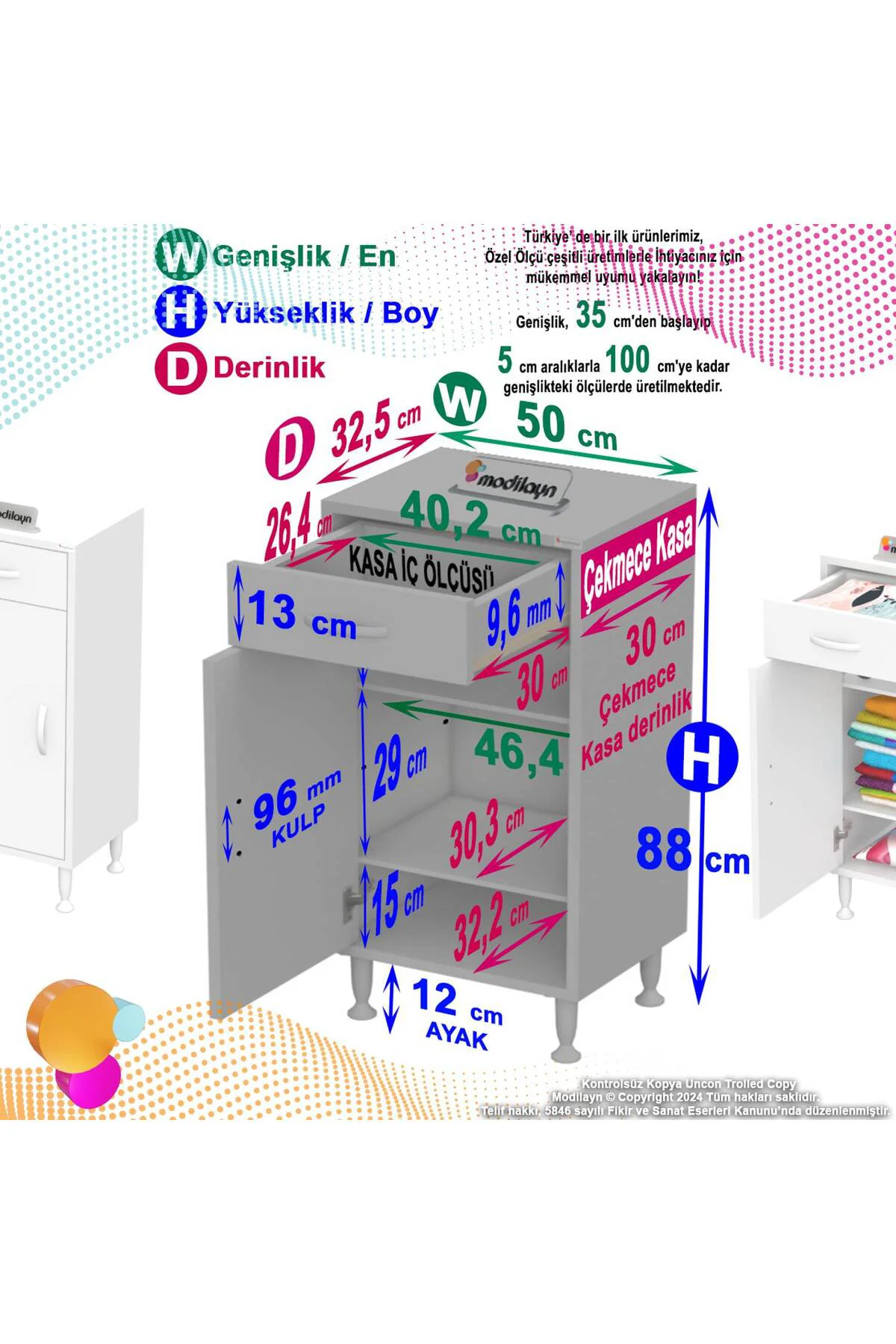 Taha 50 cm 3 Bölmeli Beyaz Çok Amaçlı Dolap 2 Raflı Banyo Mutfak 