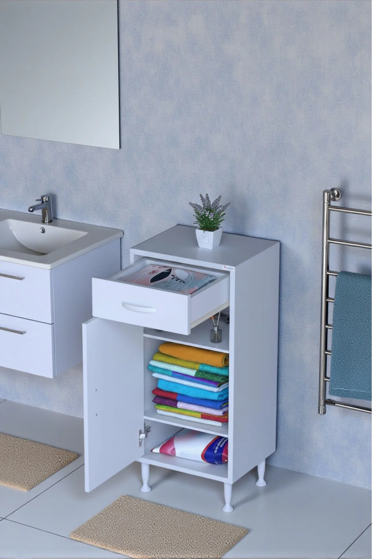 Taha 50 cm 3 Bölmeli Beyaz Çok Amaçlı Dolap 2 Raflı Banyo Mutfak 