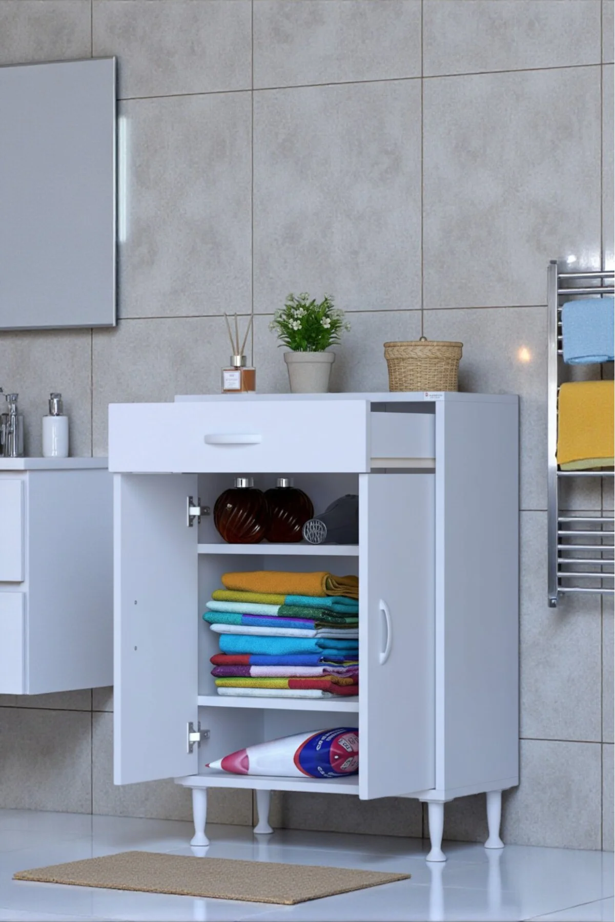 Taha 55 cm 3 Bölmeli Beyaz Çok Amaçlı Dolap 2 Raflı Banyo Mutfak 