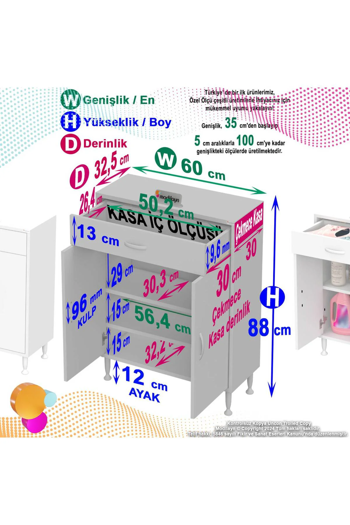 Taha 60 cm 3 Bölmeli Beyaz Çok Amaçlı Dolap 2 Raflı Banyo Mutfak Taha 60 cm 3 Bölmeli Beyaz Çok Amaçlı Dolap 2 Raflı Banyo Mutfak