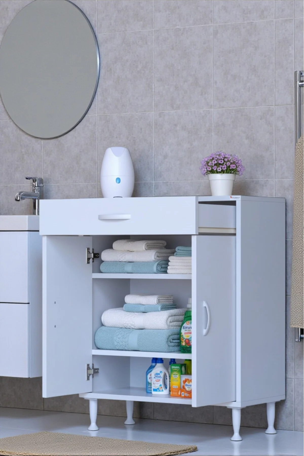 Taha 65 cm 3 Bölmeli Beyaz Çok Amaçlı Dolap 2 Raflı Banyo Mutfak 
