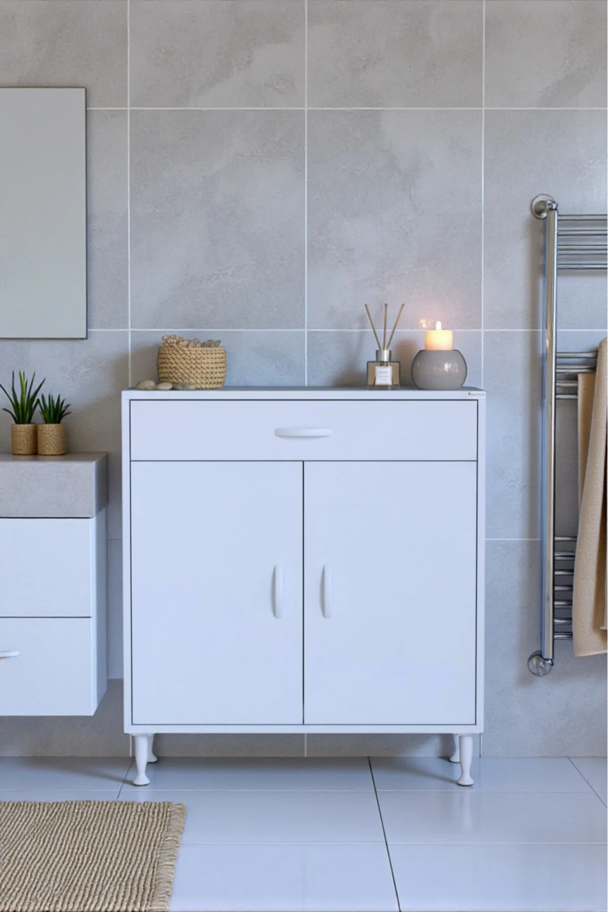 Taha 70 cm 3 Bölmeli Beyaz Çok Amaçlı Dolap 2 Raflı Banyo Mutfak 