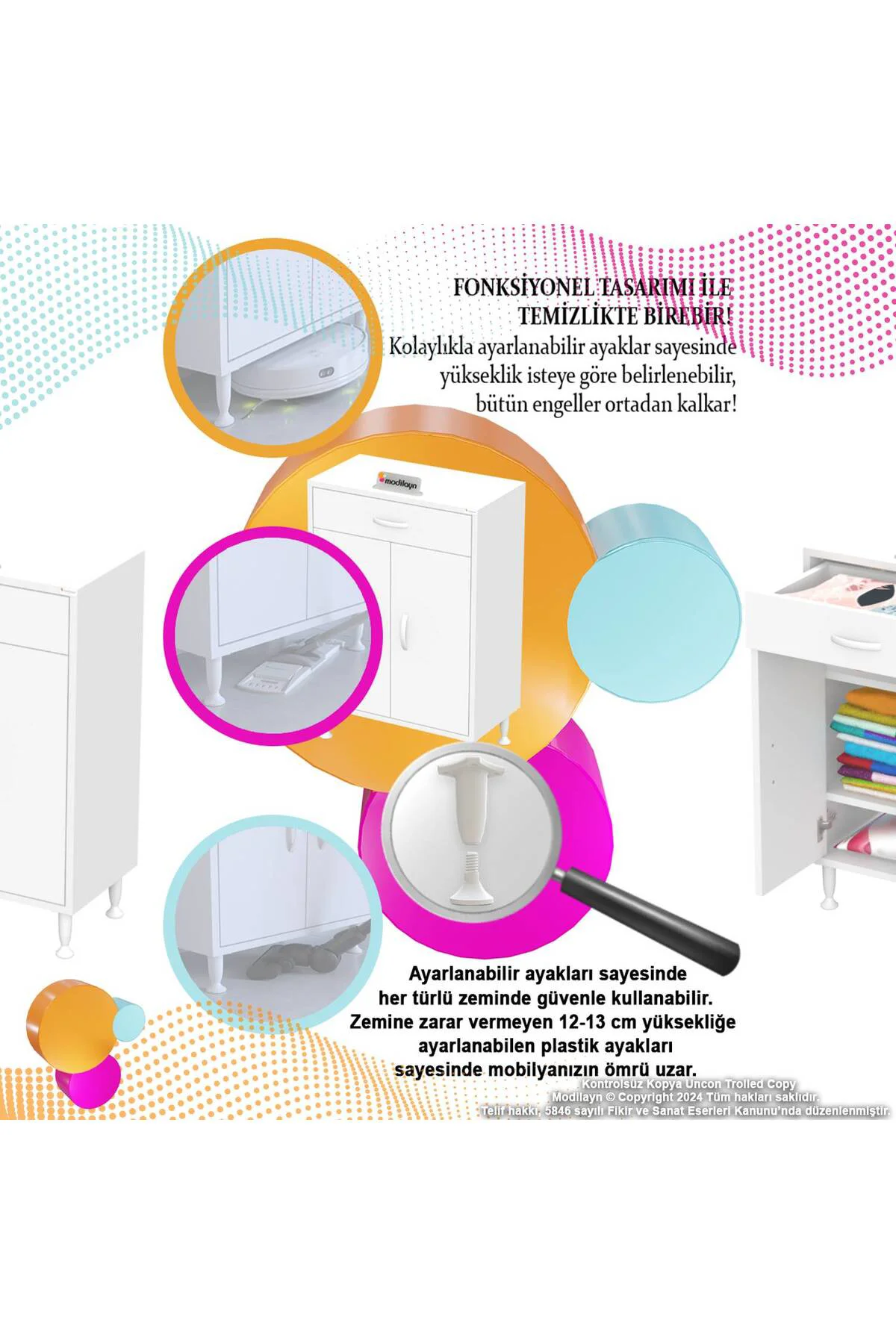 Taha 70 cm 3 Bölmeli Beyaz Çok Amaçlı Dolap 2 Raflı Banyo Mutfak 