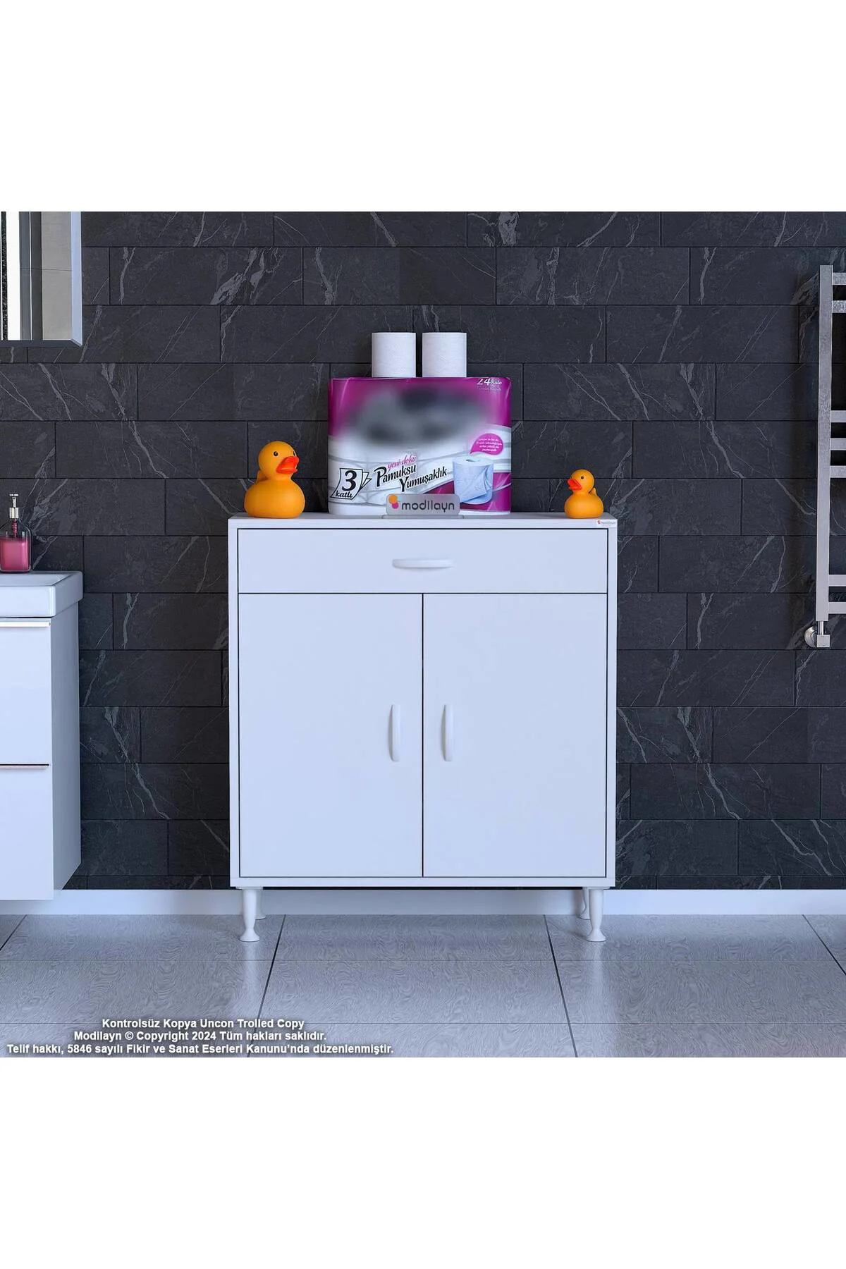 Taha 70 cm 3 Bölmeli Beyaz Çok Amaçlı Dolap 2 Raflı Banyo Mutfak 