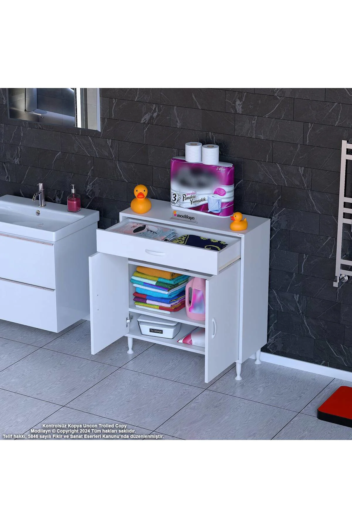 Taha 70 cm 3 Bölmeli Beyaz Çok Amaçlı Dolap 2 Raflı Banyo Mutfak 