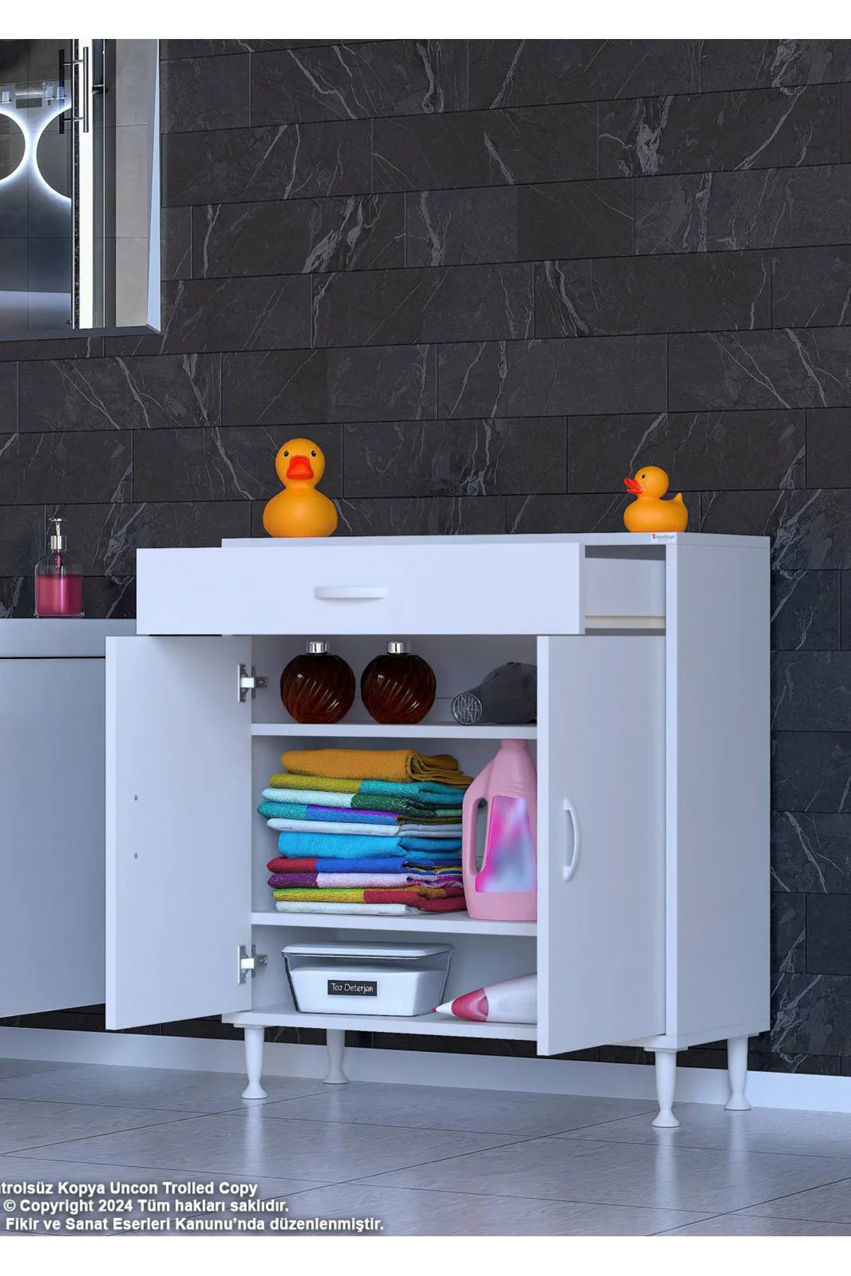 Taha 70 cm 3 Bölmeli Beyaz Çok Amaçlı Dolap 2 Raflı Banyo Mutfak 
