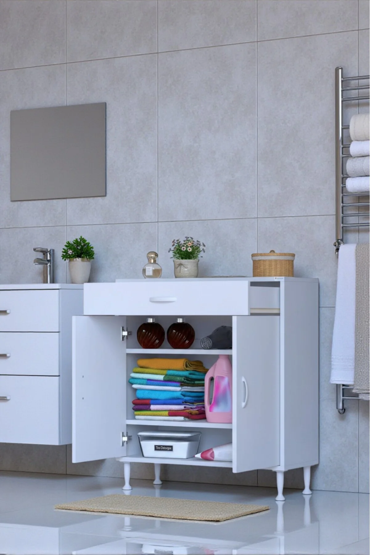 Taha 75 cm 3 Bölmeli Beyaz Çok Amaçlı Dolap 2 Raflı Banyo Mutfak Taha 75 cm 3 Bölmeli Beyaz Çok Amaçlı Dolap 2 Raflı Banyo Mutfak