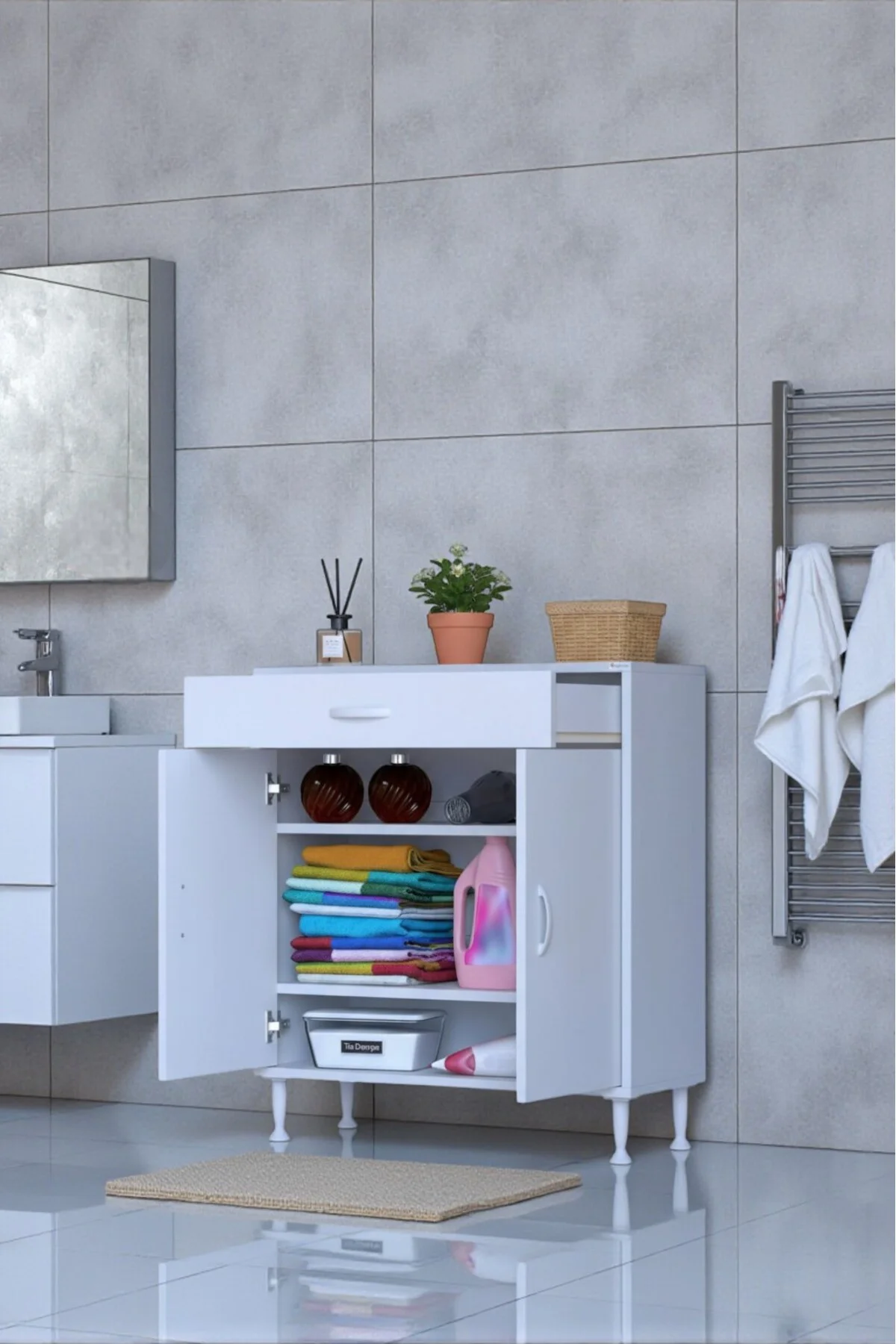 Taha 85 cm 3 Bölmeli Beyaz Çok Amaçlı Dolap 2 Raflı Banyo Mutfak 